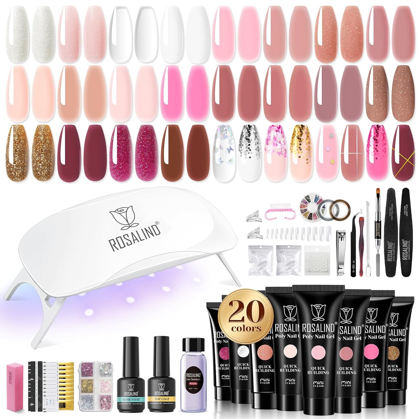 ROSALIND 20 Poly Nail Gel Kit with Mini Nail Lamp Glitter Collection with Tools Clear Poly Nail Gel Starter Kit with Nail Forms Base Coat Coat Basic Tools for Beginners with Everything