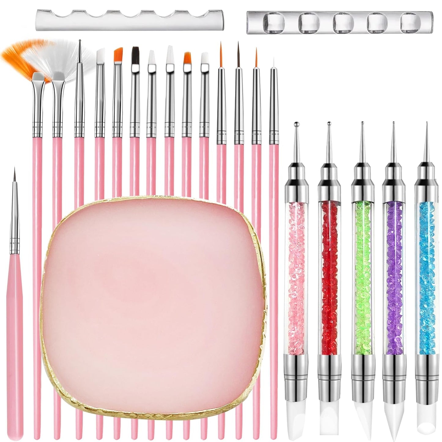Nail Art Brushes, 23Pcs Set Nail Art Tools, including 2 Way Nail Art Sculpture Pen Dotting Pen Tools, Nail Art Brushes with Nail Brush Brackets, Resin Nail Art Palette for Nail Art DIY Tools (Pink)