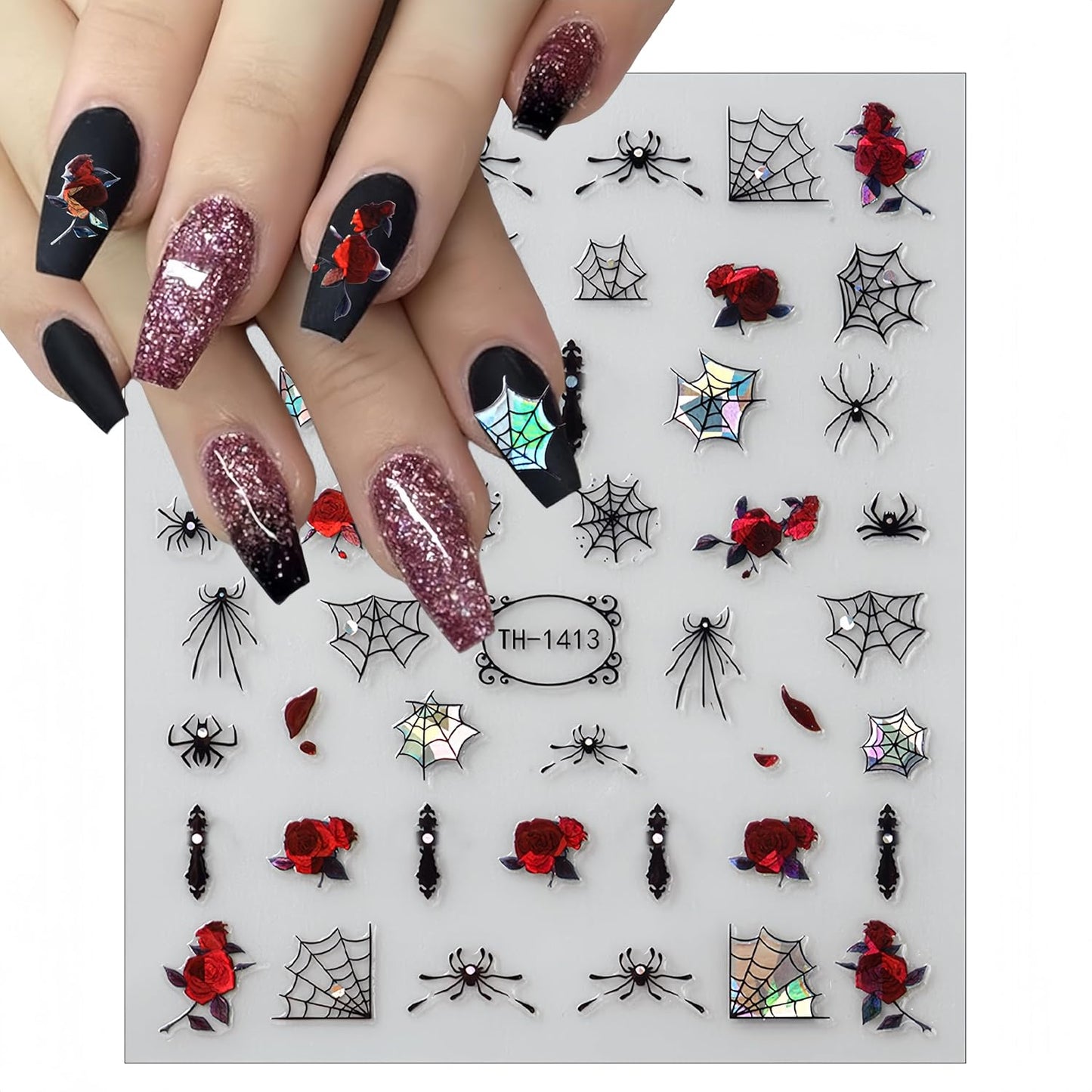 6 Sheets Halloween Colorful Nail Art Stickers 3D Glitter Spider Web Spider Nail Stickers Black Bat Scorpion Designs Nail Decals Shiny Red Rose Nail Decals for Women Halloween Party Nail Decor Kits