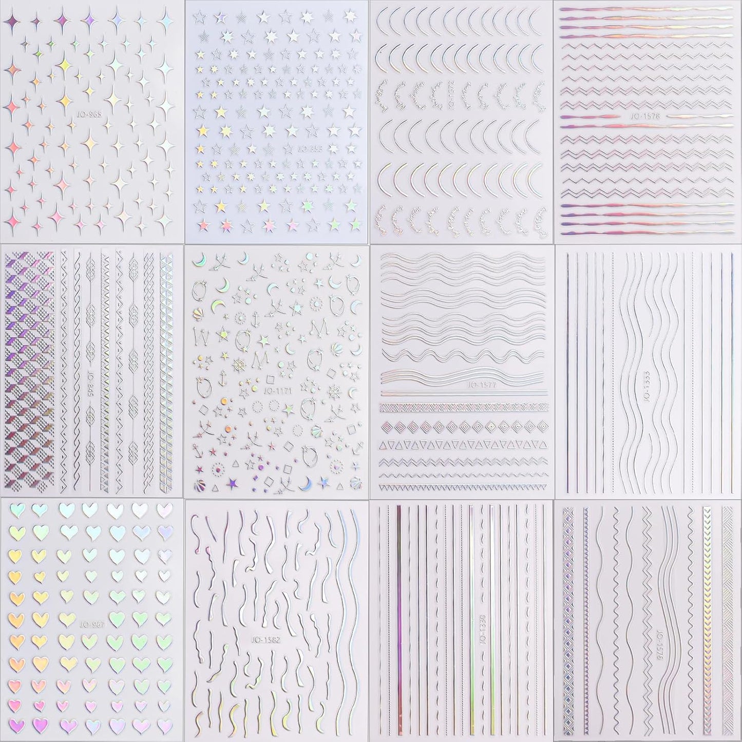 12 Sheets Star Nail Stickers Decals Silver Heart Nail Stickers Geometric Line Nail Decals for Nail Art 3D Self Adhesive Holographic Stripe Nail Designs for Women Nail Art Supplies Decorations
