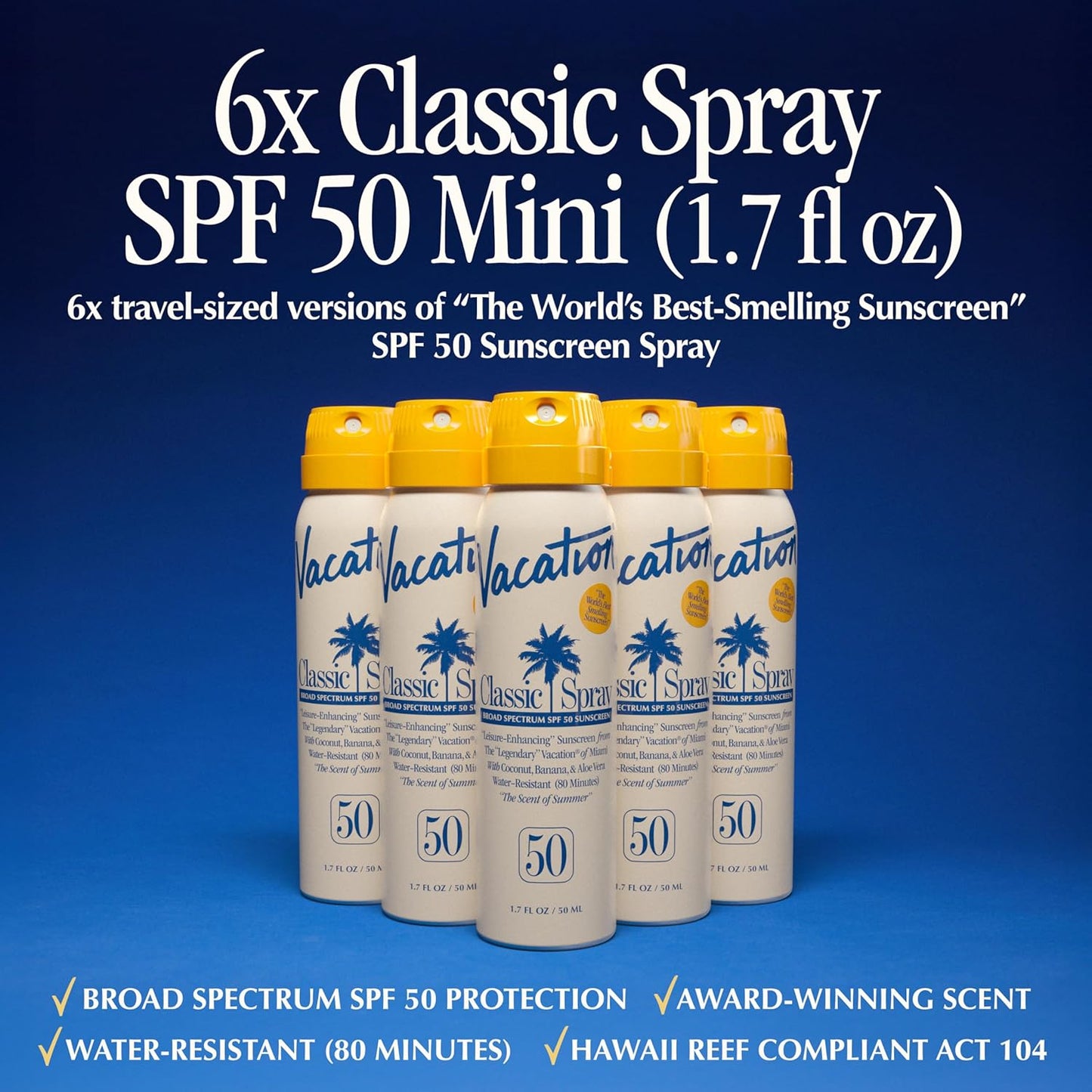 Vacation Mini Classic Sunscreen Spray SPF 50, Water-Resistant, Mini Sunscreen Bulk Party Favor, Sunblock Travel Size, TSA Suntan Lotion for Carry On, 1.7 Fl. Oz. (Value Pack of 6)