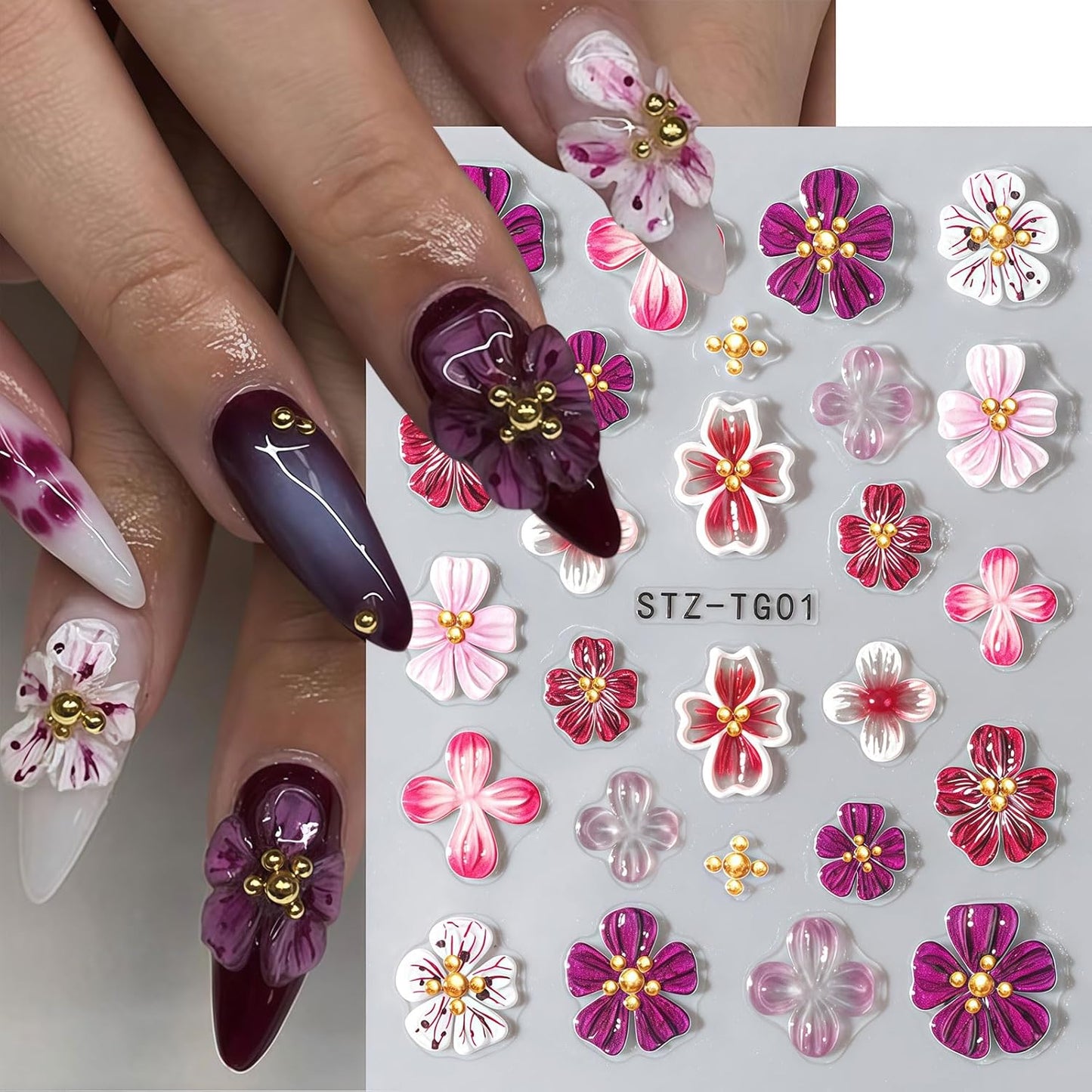 Flower Nail Art Stickers Decals, 4 Sheets 3D Self Adhesive Embossed Flower Nail Decals Nail Art Supplies Designs, Floral Nail Accessories for Women Girls
