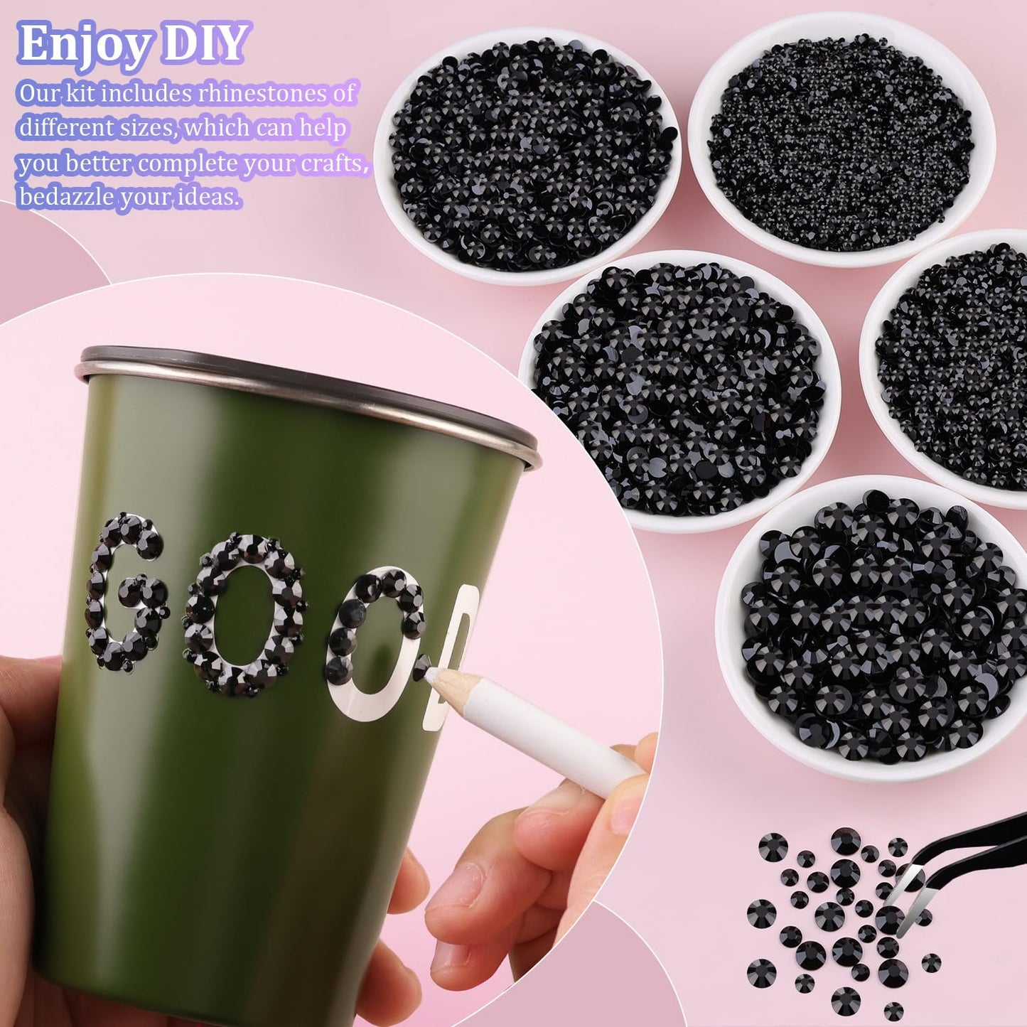 30000Pcs Black Rhinestones for Bedazzling Crafting, Flatback Resin Gems Crystal, Bedazzler Kit with 3Pcs 10ml B7000 Jewelry Glue and Tweezers for DIY Crafts Clothing Shoes Fabric Nail Art