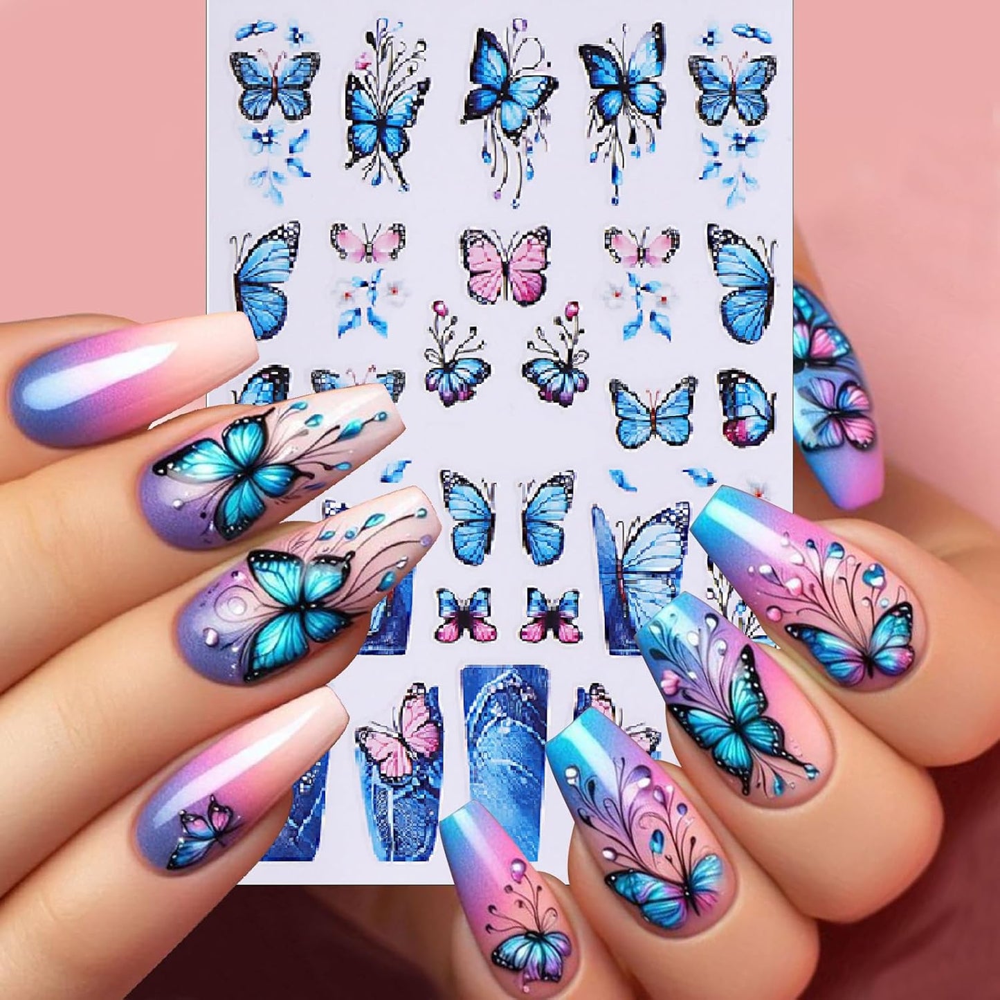 8 Sheets Spring Butterfly Nail Stickers Peach Blossom Nail Art Stickers 3D Self-Adhesive Nail Decals Colorful French Butterfly Petals Leaves Nail Design for Women Girls Spring Summer Nail Decoration