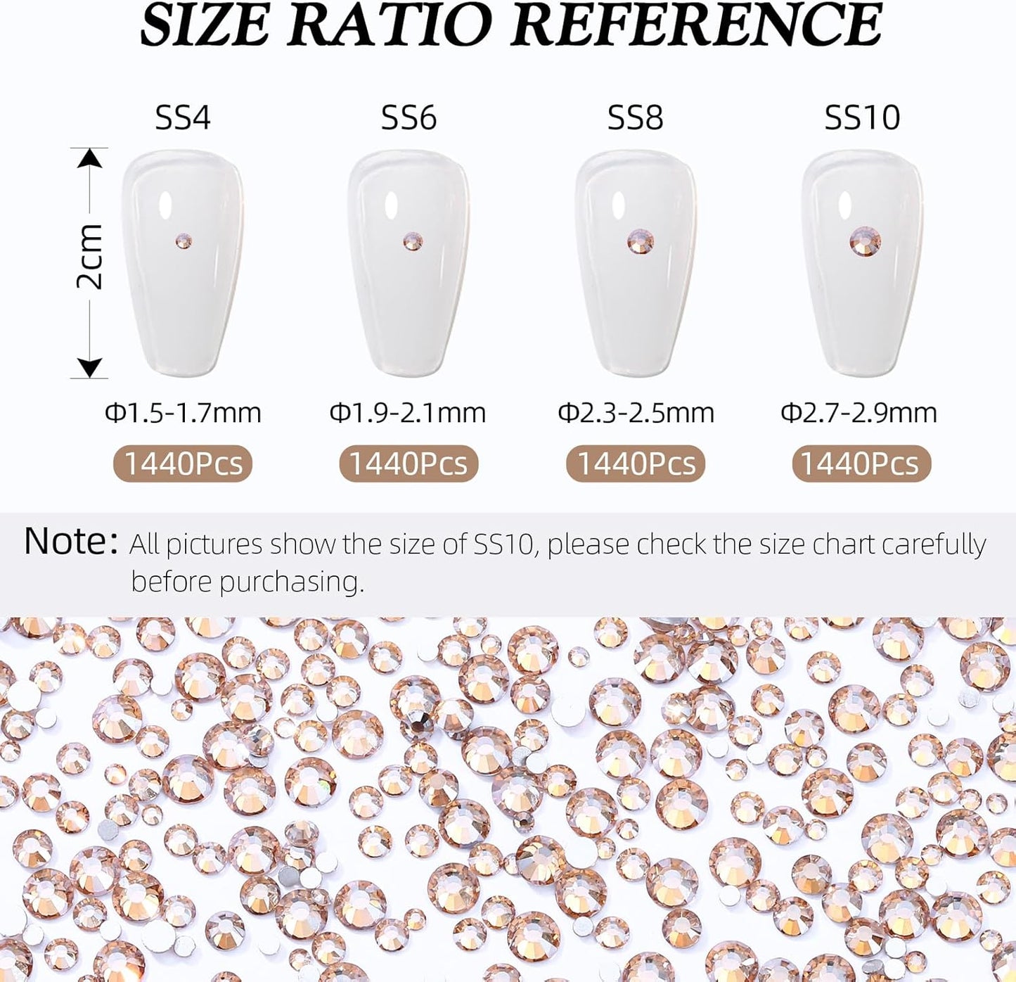 Gold Shadow Flatback Rhinestones, Glass Rhinestones for Nail Art and Craft, Glue Fix, Loose Crystal Gemstones(Gold Shadow, SS4, 1440pcs, 1.5-1.7mm)