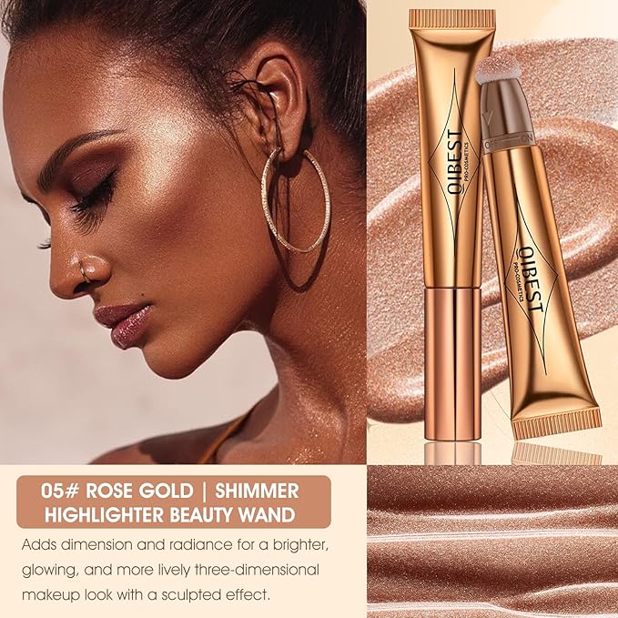 Liquid Highlighter Beauty Wand, Cream Liquid Highlighter Stick with Cushion Applicator, Lightweight Blendable, Long Lasting Silky Cream Highlighter Stick | 5# Highlight Rose Gold