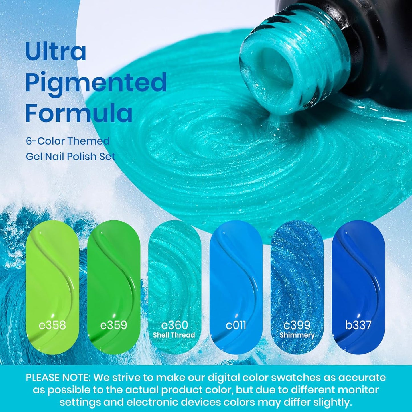 Beetles Blue Gel Nail Polish, 6 Colors Swirl Pacific Blue Glitter Blue Green Gel Polish Swirl Shell Thread Effect Soak Off Nail Art Design Salon Home Manicure Gift for Girls Women