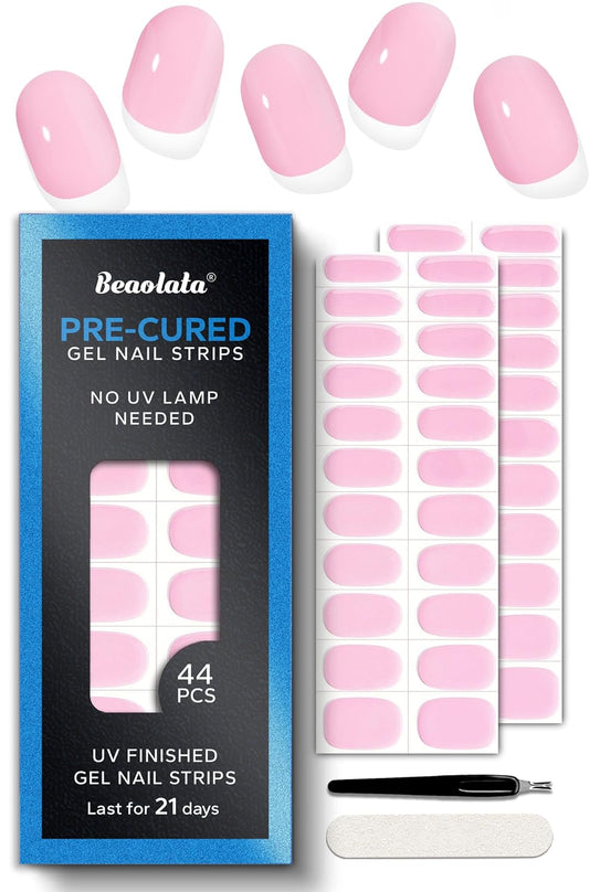 Pre Cured Gel Nail Strips - 44PCS Salon Quality Gel Nail Stickers - Long Lasting Polish Wraps for Women no UV Light Needed Easy Apply& Remove (Pure Pink)