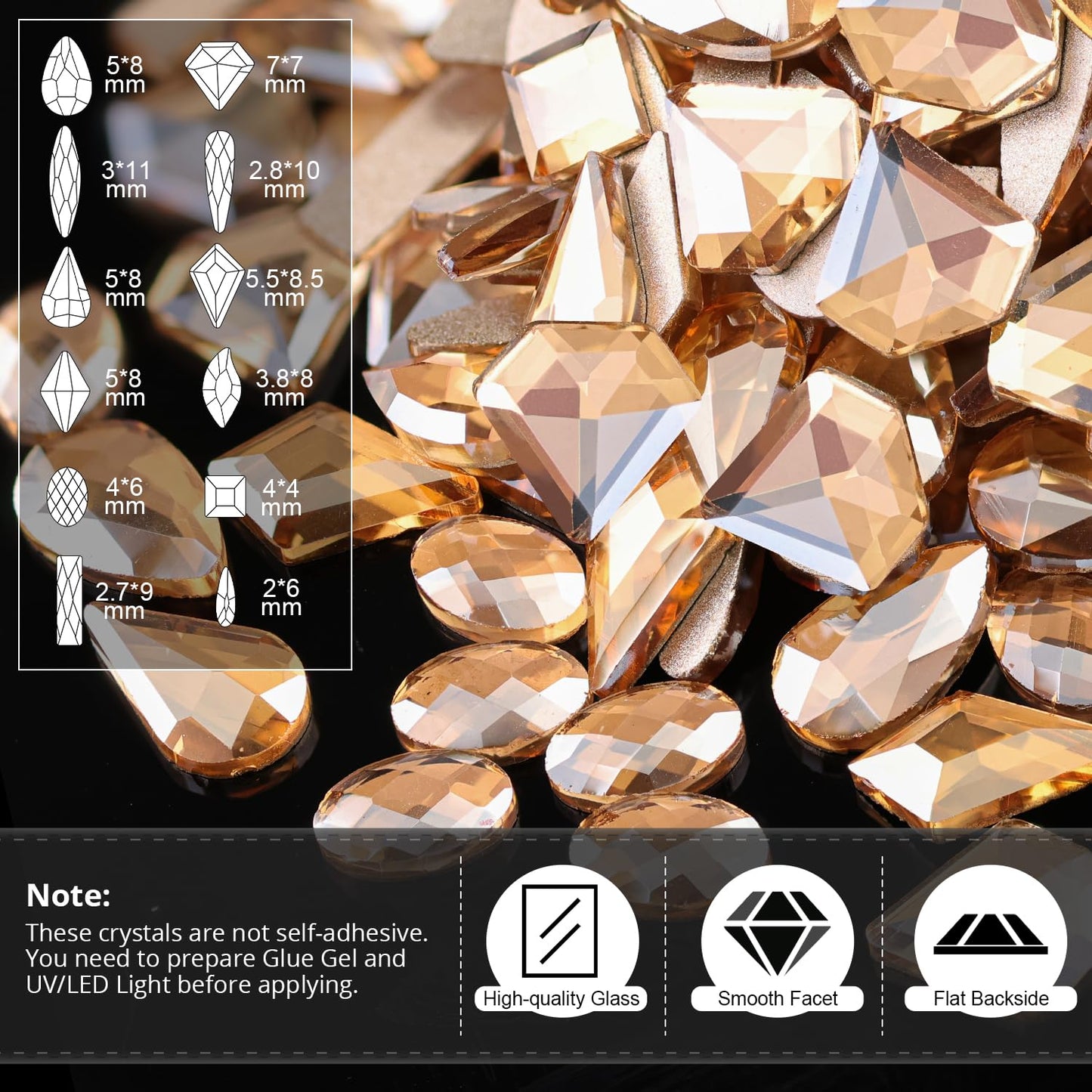 Rhinestones for Nails, Manicure Kit with Rhinestone Glue Gel, Multi Shapes Champagne Glass 3D Nail Charms + Flatback 2-5mm Round Beads & Gem Glue (UV/LED Needed) with Dotting Tools