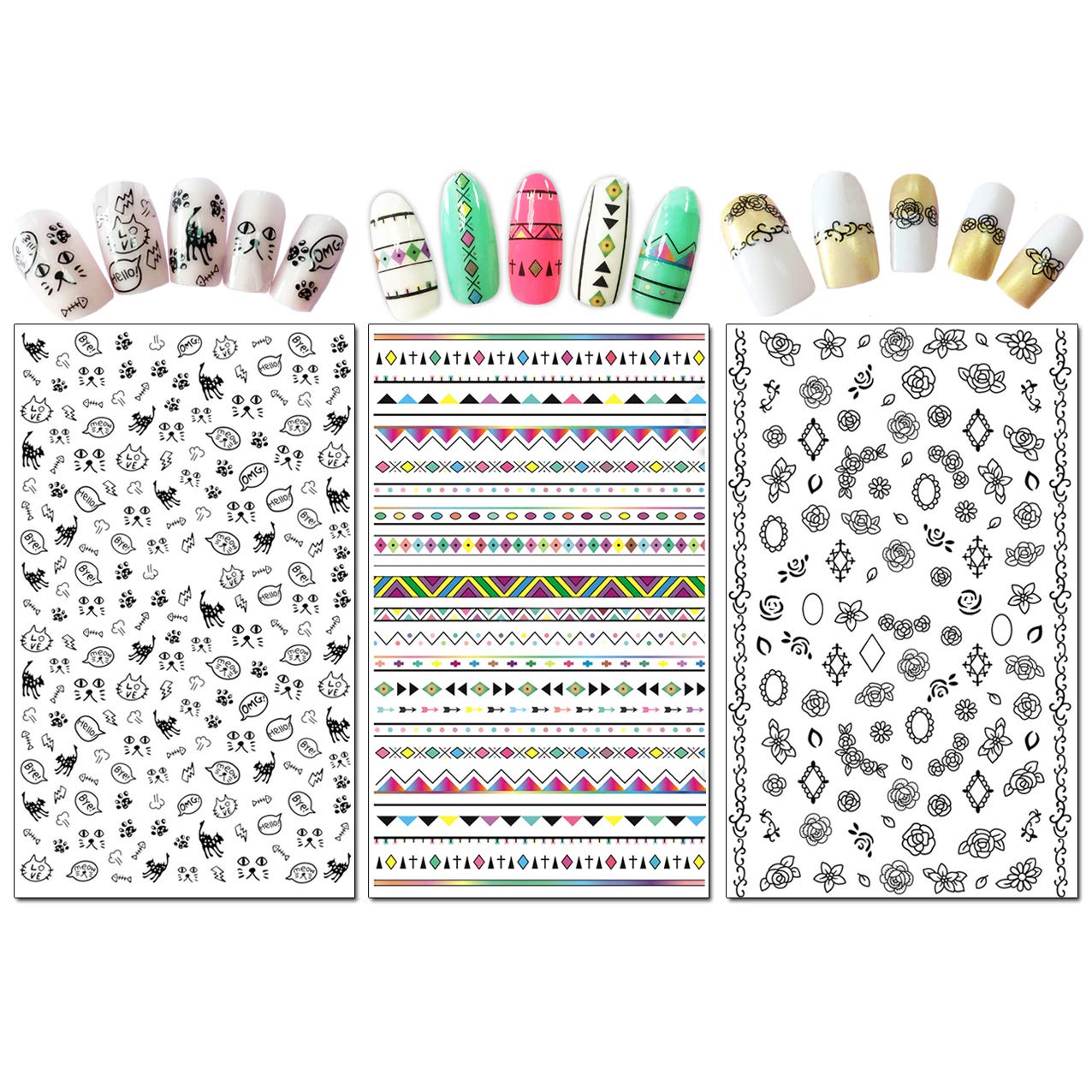 TailaiMei Nail Decals Stickers, 1600+ Pcs Self-Adhesive Tips DIY Nail Art Design Stencil (12 Large Sheets)
