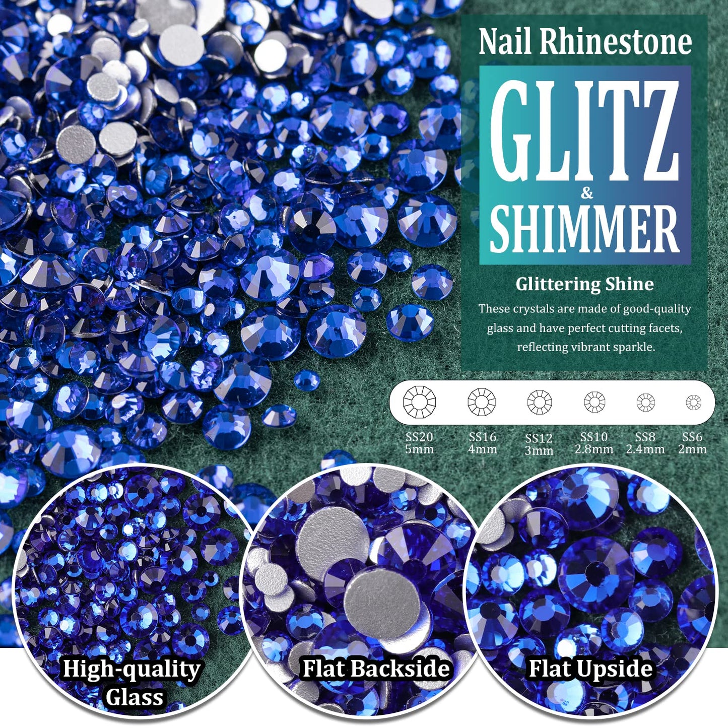 Multi Shapes Dark Blue 3D Glass Crystal Nail Art Rhinestones Kit with Flatback Round Bead Charm Gem Stone Jewelry Diamond with Pickup Pen + Tweezer for Manicure Makeup DIY Craft Decoration