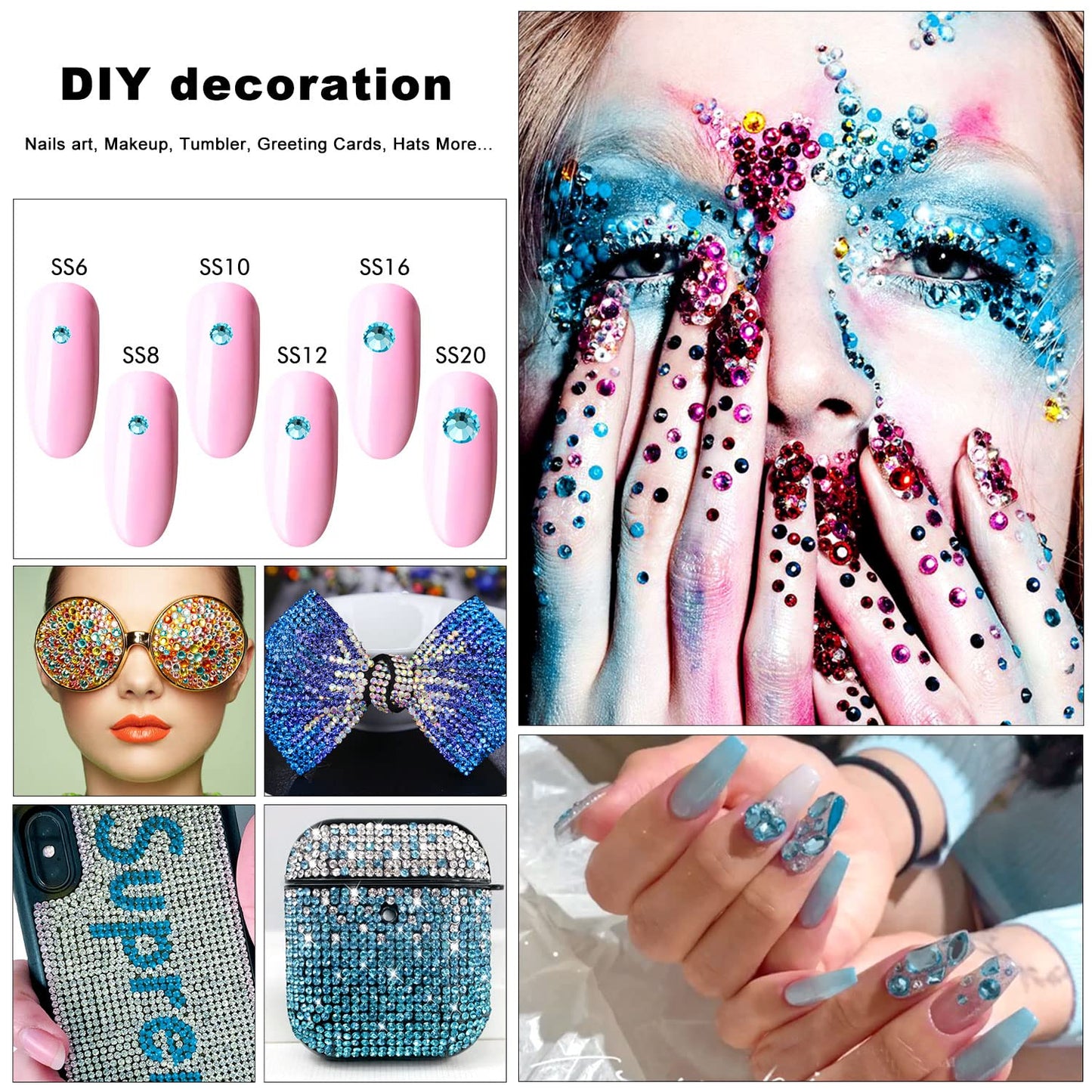 4240Pcs Aquamarine Flatback Rhinestones 6 Sizes Crystal Diamonds for Nail Art Crafts Clothes Shoes with Tweezers and Picking Pen