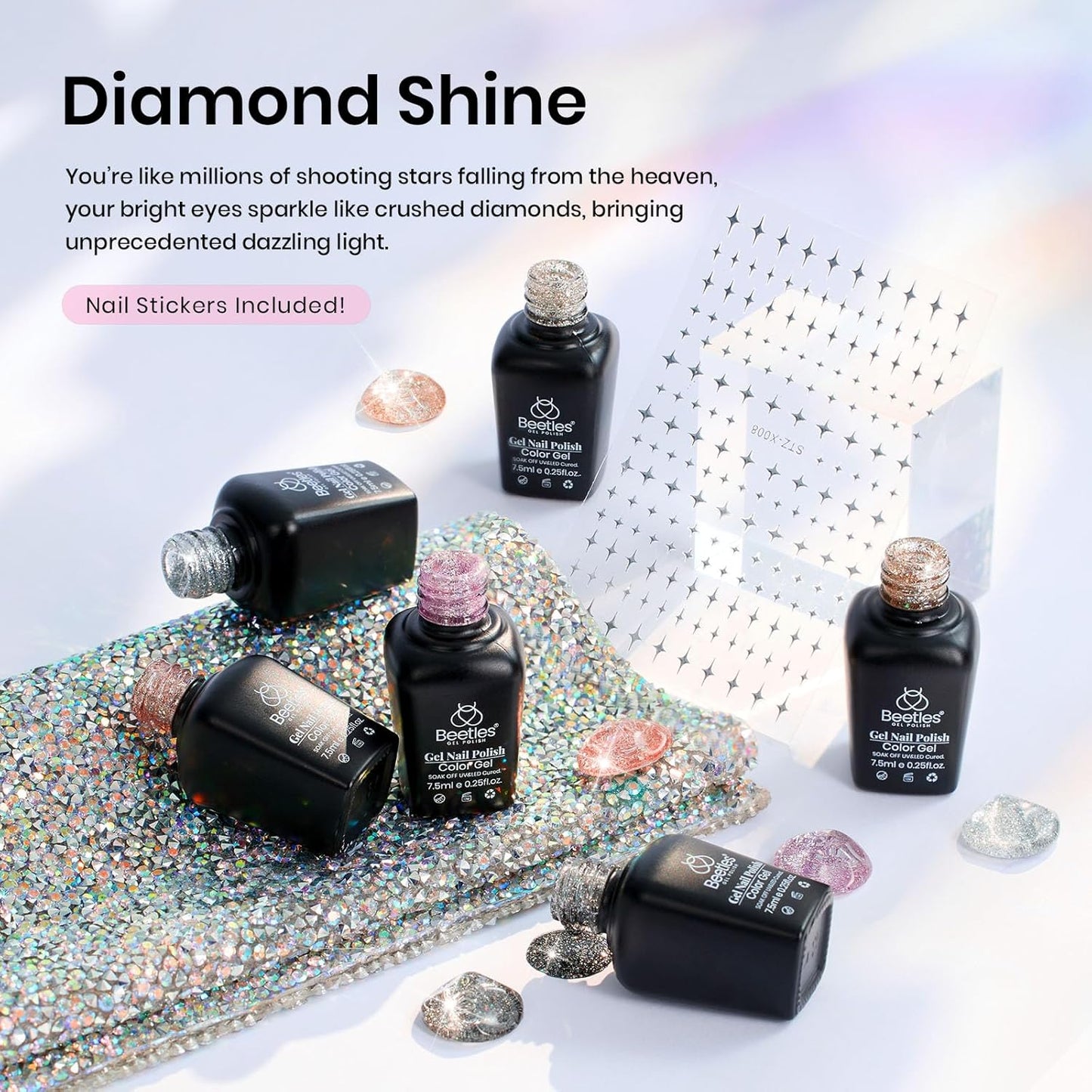 beetles Glitter Gel Polish - Diamond Shine 6 Colors Reflective Sparkle Gel Set, Silver Black Pink Gold Holographic Glitter Polish, with Nail Art Stickers Soak off Uv LED Manicure Gifts for Women
