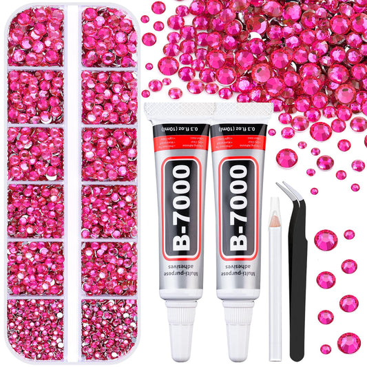 6100Pcs Resin Rhinestones for Crafting with 2Pcs 10ml B7000 Jewelry Glue, 1 Box Flatback Crystals Diamond (Hot Pink) for Bedazzling Crafts DIY Nail Art Non Hotfix Gems for Clothing Shoes