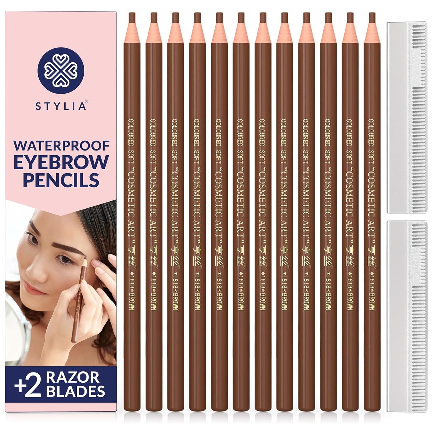 Stylia Waterproof Eyebrow Pencils For Women – Long-Lasting Microblading Supplies Brow Pencil, Perfect for Eyebrow Shaper, Filling & Defining Natural-Looking Brow - (12PC Brown)