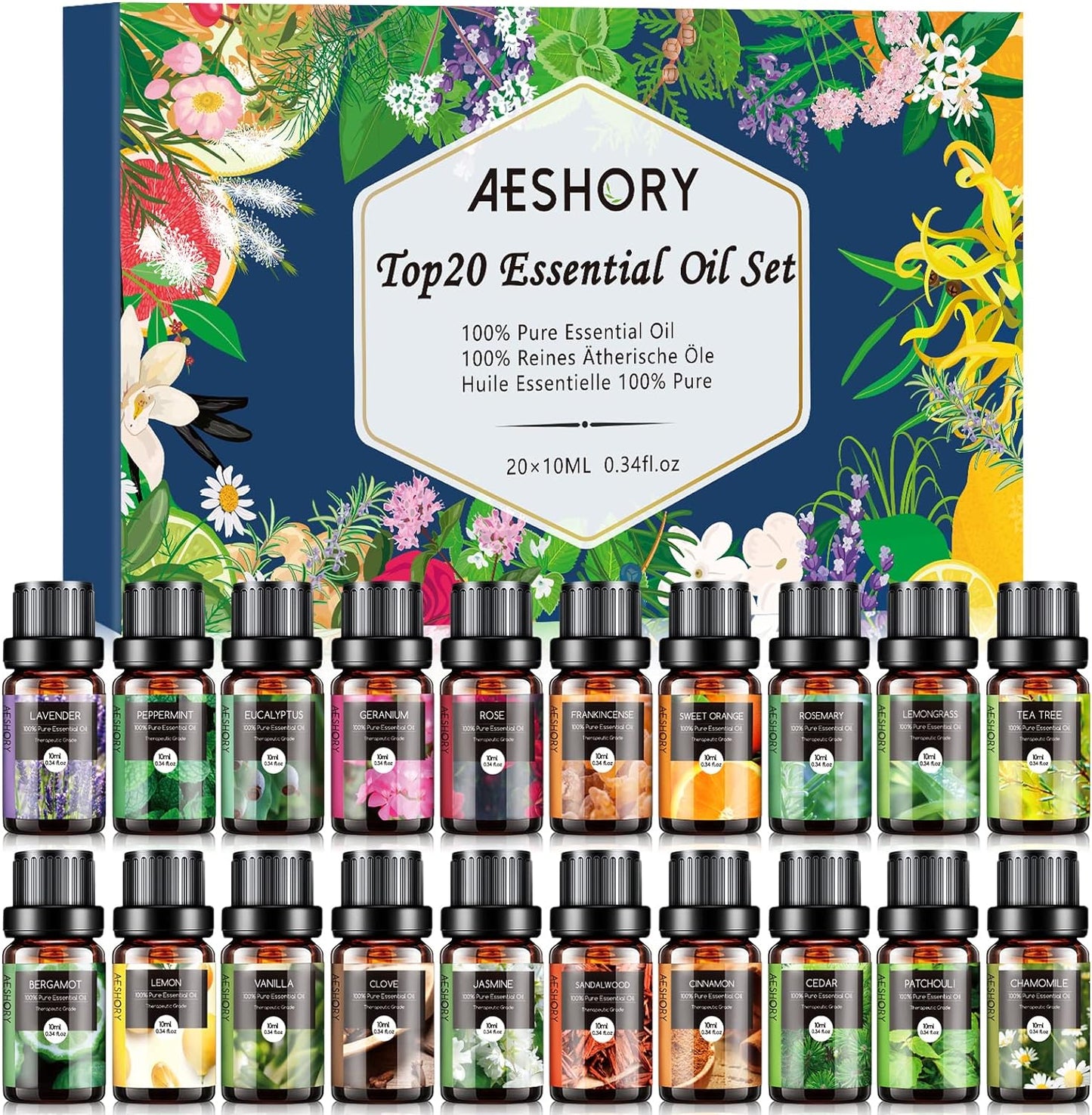 Essential Oils Set, 20x10ml Aromatherapy Essential Oil Kit for Diffuser, Humidifier, Massage, Skin & Hair Care - Lavender, Eucalyptus, Tea Tree, Sweet Orange, Lemongrass and Peppermint