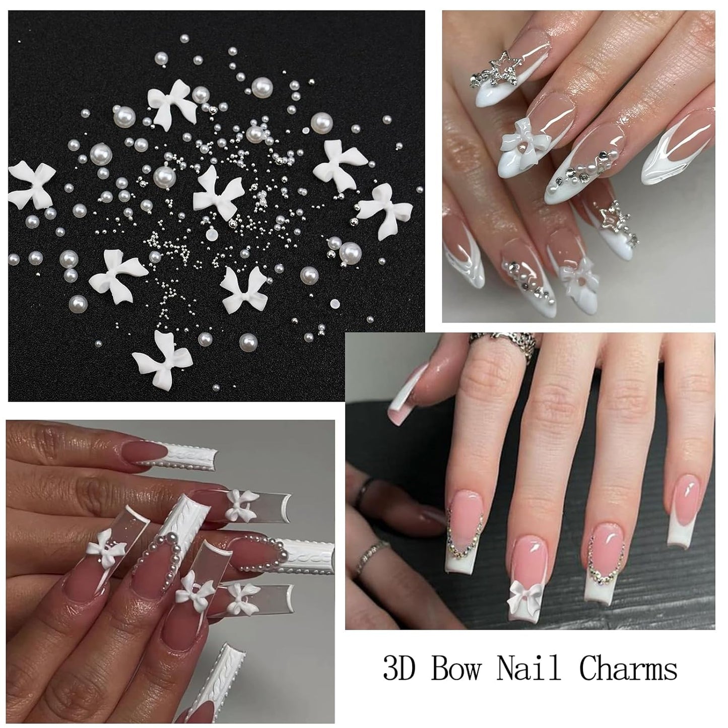 Nail Art Charms White Bow Nail Rhinestones with Glue Gel Flatback Pearls Luxurious Nails Gems Supplies Accessories White Silver Jewelry Pearls for Women Nails DIY Design