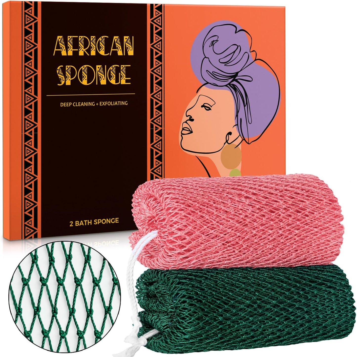 African Net Sponge Authentic - 2 Pieces Real African Exfoliating Sponge with Knots - Afro Back Scrub Net for Body Exfoliator - Bath Loofah Washcloth for Shower Essentials