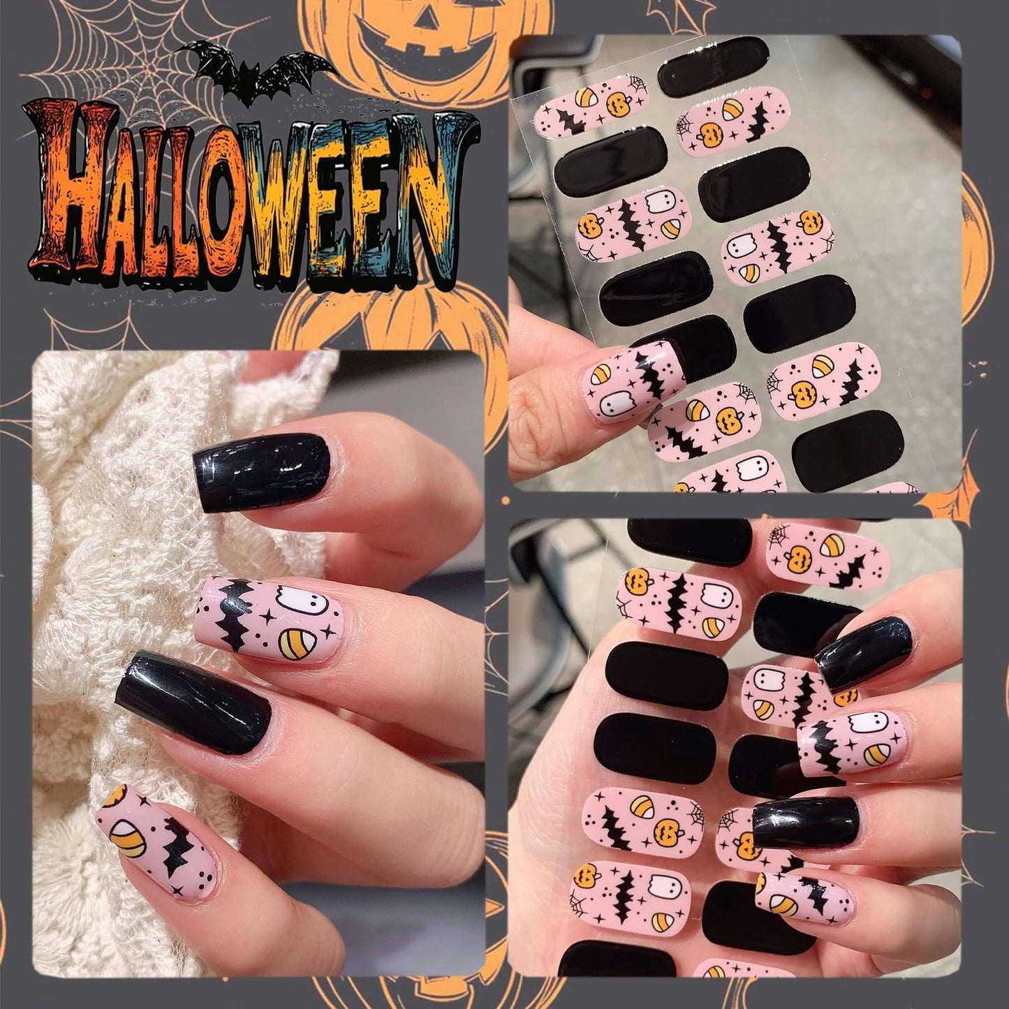 6 Sheets Halloween Gel Nail Strips Ghost Bat Pumpkin Nail Polish Stickers Maple Leaf Pumpkins Thanksgiving Gel Nail Stickers Self-Adhesive Halloween Holiday Nail Polish Strips for Women Nail Decor