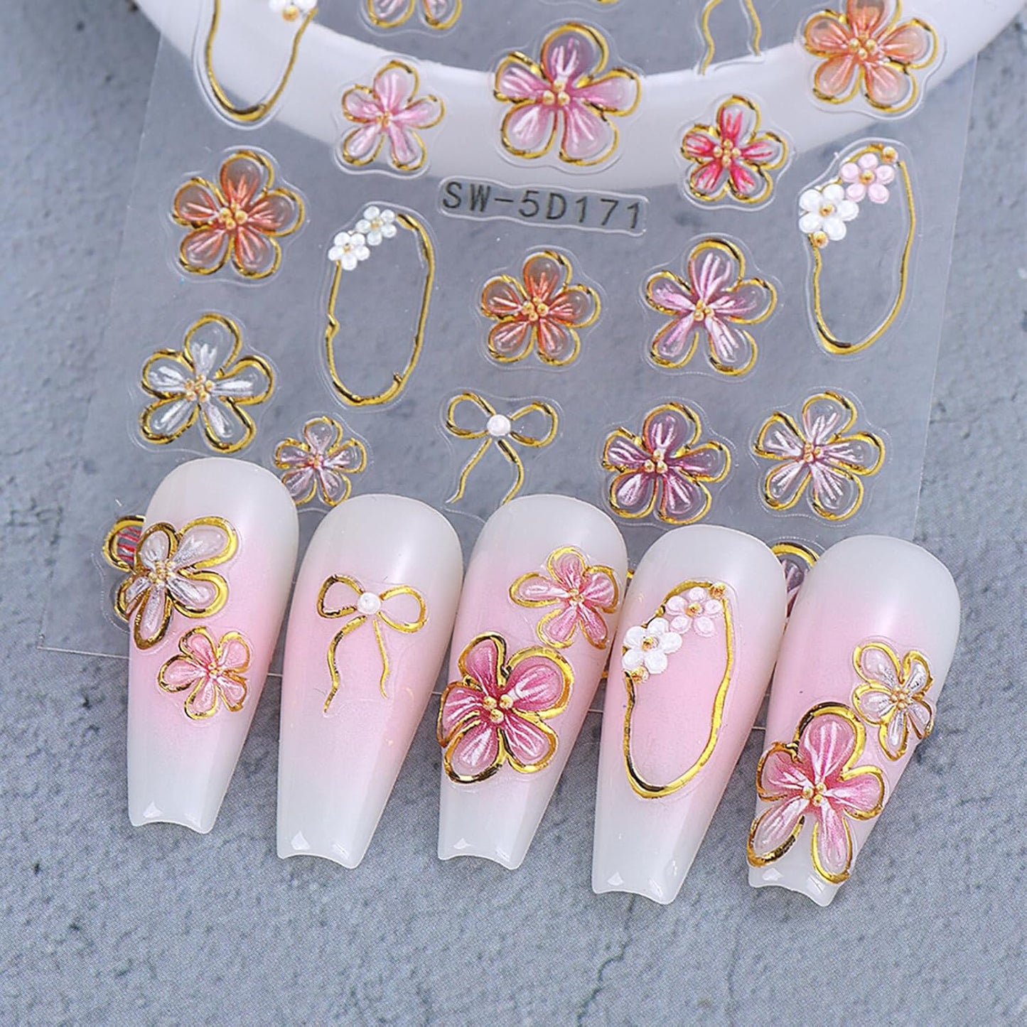 Flower Nail Stickers Decals 5D Embossed Flower Nail Decals Pink Five-Petaled Gold Floral Circle Spring Summer Nail Art Design Bow Tie Flowers Nail Adhesive Decals for DIY Nail Art Decorations 2Pcs