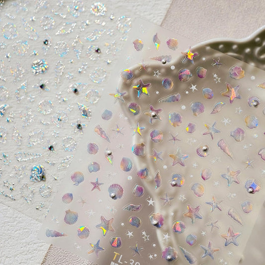 Aurora Ocean Nail Stickers Pearl Shell Conch Nail Designs Starfish Nail Decals 5D Embossed Silver Star Beach 3D Self-Adhesive Summer Nail Art Decoration for Women DIY Manicure 2 Sheets