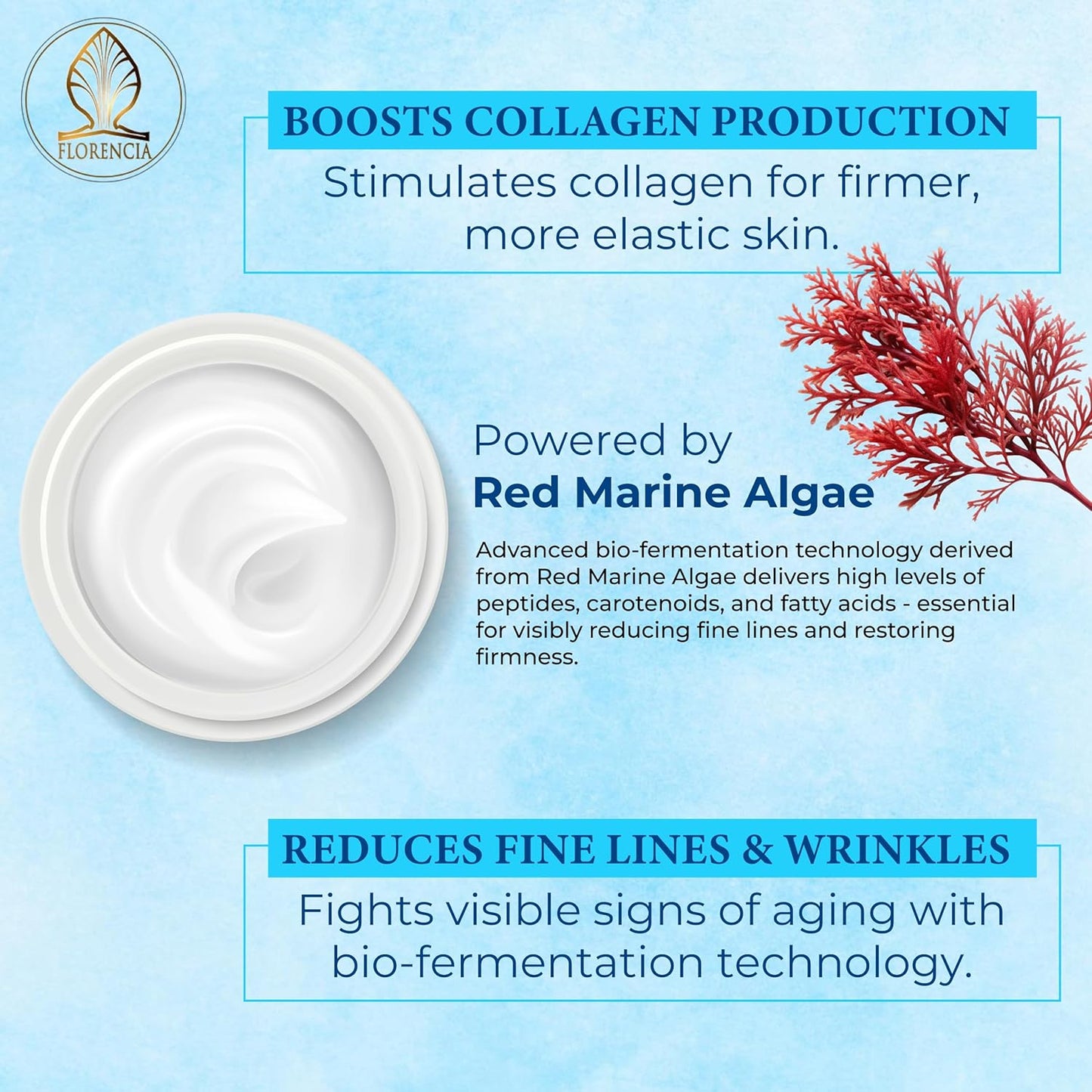 Florencia Marine Moisturizer - Youthful Radiance Face & Neck Cream - Hydrating, Nourishing, Wrinkle, Rejuvenating Cream with Marine Algae Extracts and Hyaluronic Acid for Men & Women, 2 oz