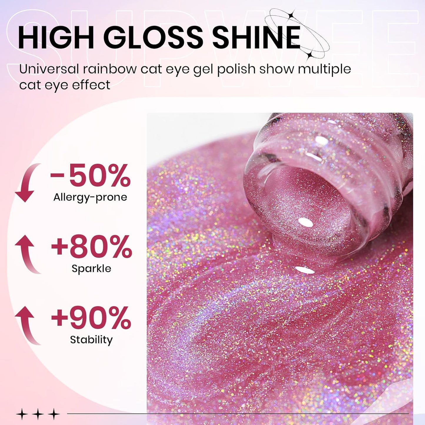 Pink Rainbow Cat Eye Gel Nail Polish Glitter Holographic Gel Polish with Magnetic Stick for a Glittery Iridescent Galaxy Effect Soak Off UV Lamp Perfect for Nail Art & DIY Manicures at Home