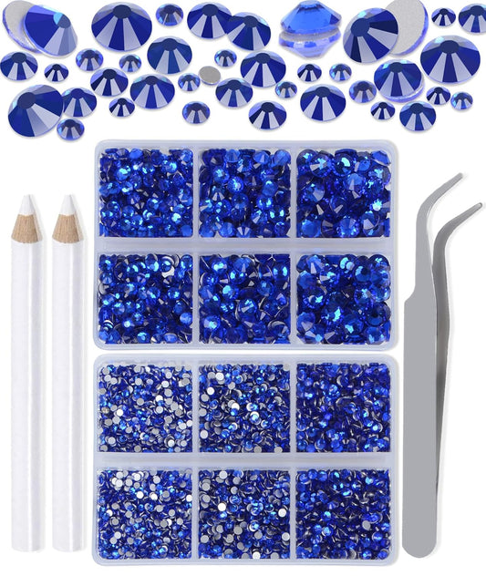 LPBeads 6000 Pieces Sapphire Non Hotfix Rhinestones 6 Sizes Round Crystal Glass Flat Back Rhinestones with Tweezers and Picking Pen for Nail Art Crafts Bags DIY
