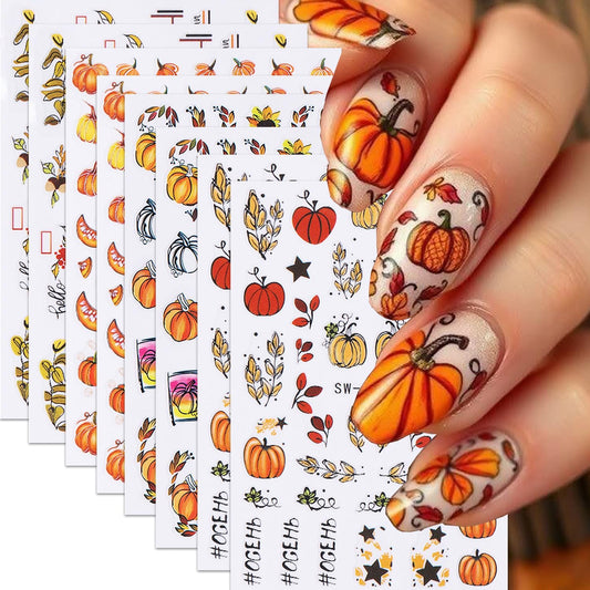 8 Sheets Fall Nail Art Stickers Autumn Maple Leaf Pumpkin Nail Sticker 3D Self-Adhesive Yellow Maple Leaves Nail Decals Designs Thanksgiving Day Holiday DIY Manicure Decoration Sticker for Women