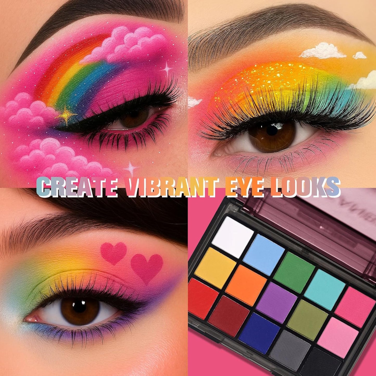 UCANBE Halloween Makeup Palette, 15 Colors Matte Black White Red Blue Green Purple Pink Eye Shadow, High Pigmented Blendable Bright & Dark Shade Pallet for Cosplay SFX Costume Stage Parties