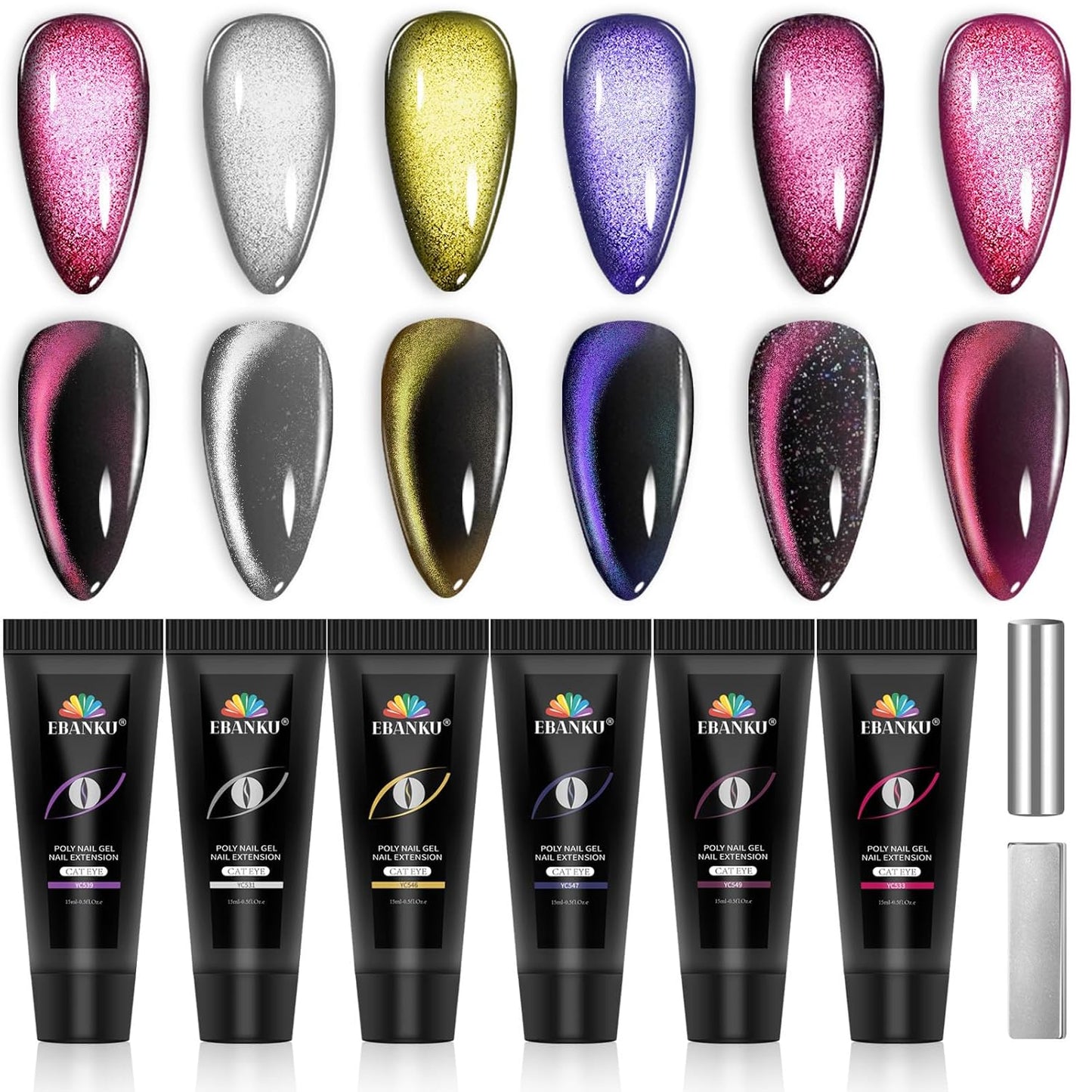 Poly Gel Nail Kit, EBANKU Cat Eye Poly Nails Extension Gel 6 Colors Glitter Magnetic Builder Gel Professional Nail Enhancement Kit for Halloween Women DIY