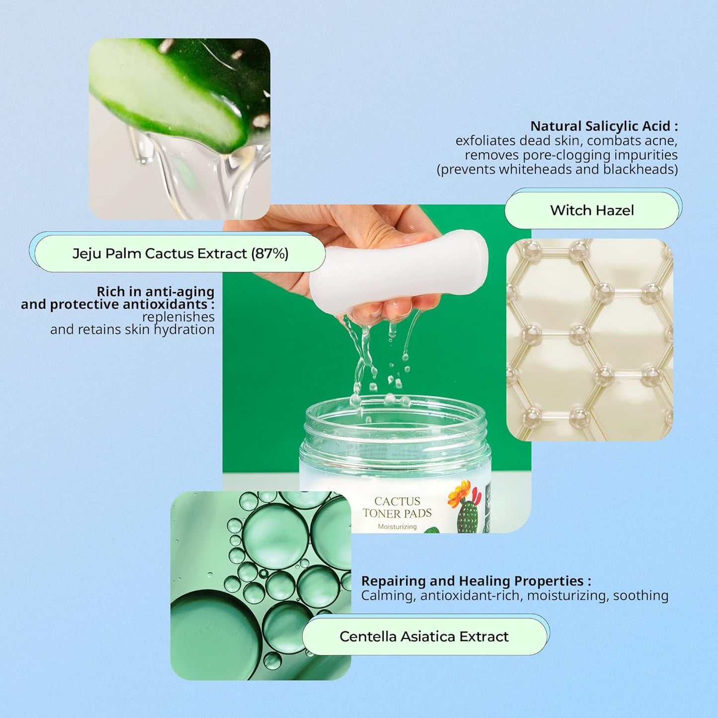 YADAH Cactus Toner Pads 5.07 Fluid Ounce 60 Count, Cruelty Free Facial Cleansing Exfoliator Toning Hydrating Treatment Wipes for Clear Pores Acne Prone Oily Dry Sensitive Skin