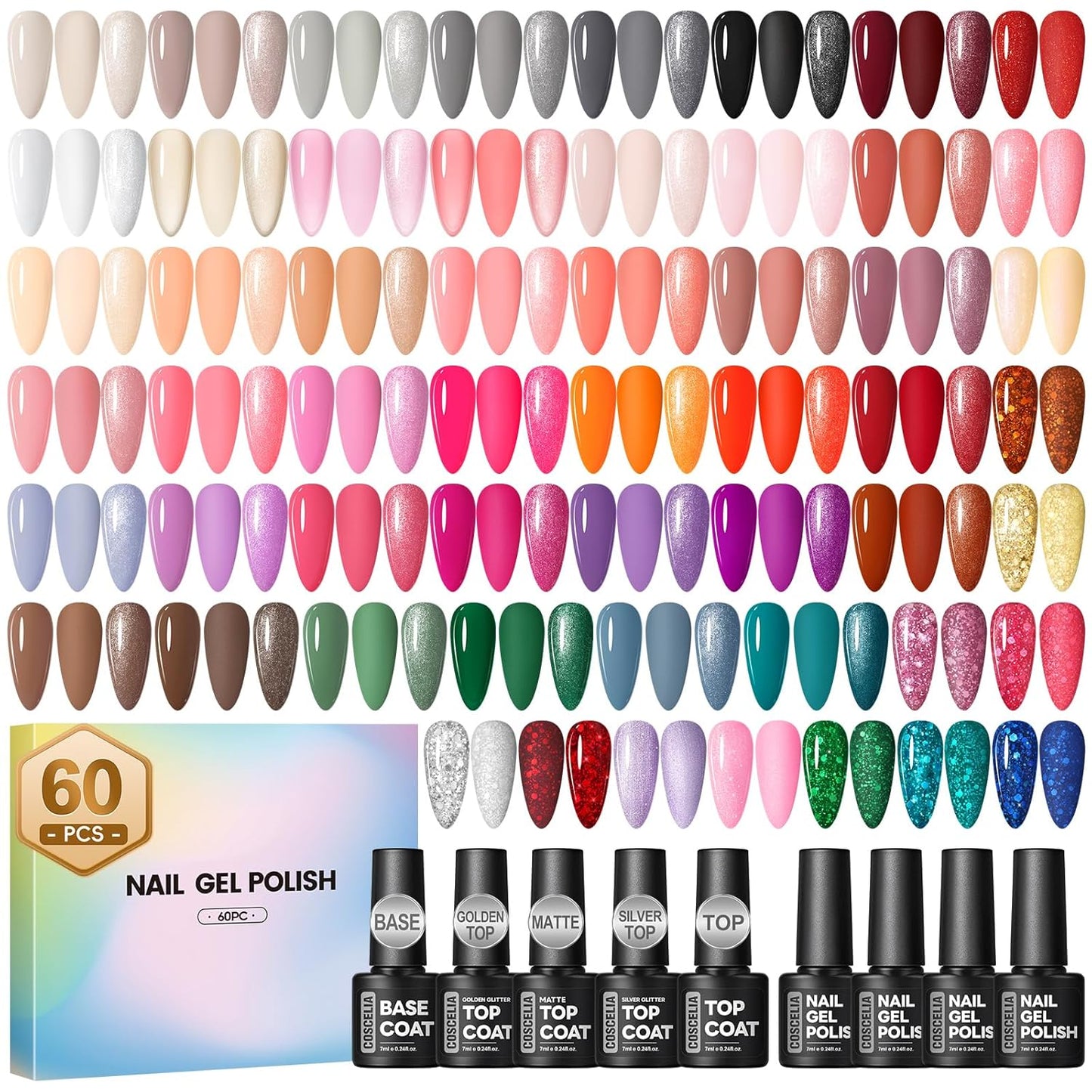 60PCS Gel Nail Polish Starter Kit, 7ml 55 Colors gel polish with 5pcs Top Base Coat Pink White Red Nude Green Blue Glitter Fall Colors Nail Polish Set Manicure Nail Art Kit DIY Gifts for Women