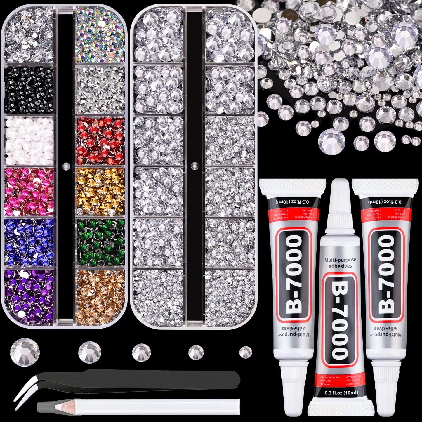 Resin Rhinestones for Crafting with B7000 Jewelry Glue, 2 Boxes Clear+Mix Colors Flatback Crystals with 3Pcs 10ml Glue for Bedazzling Crafts DIY Nail Art Makeup, Gems for Clothing Shoes
