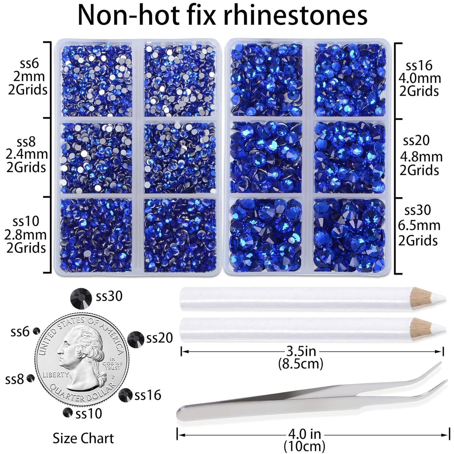 LPBeads 6000 Pieces Sapphire Non Hotfix Rhinestones 6 Sizes Round Crystal Glass Flat Back Rhinestones with Tweezers and Picking Pen for Nail Art Crafts Bags DIY