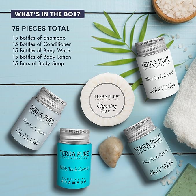 Terra Pure White Tea & Coconut Hotel Size Toiletries Set | 1-Shoppe All-In-Kit | 1 oz. Liquids and 1.25 oz. Bar Soap | Amenities For Hotels, Airbnb & Rentals | (75 pieces)