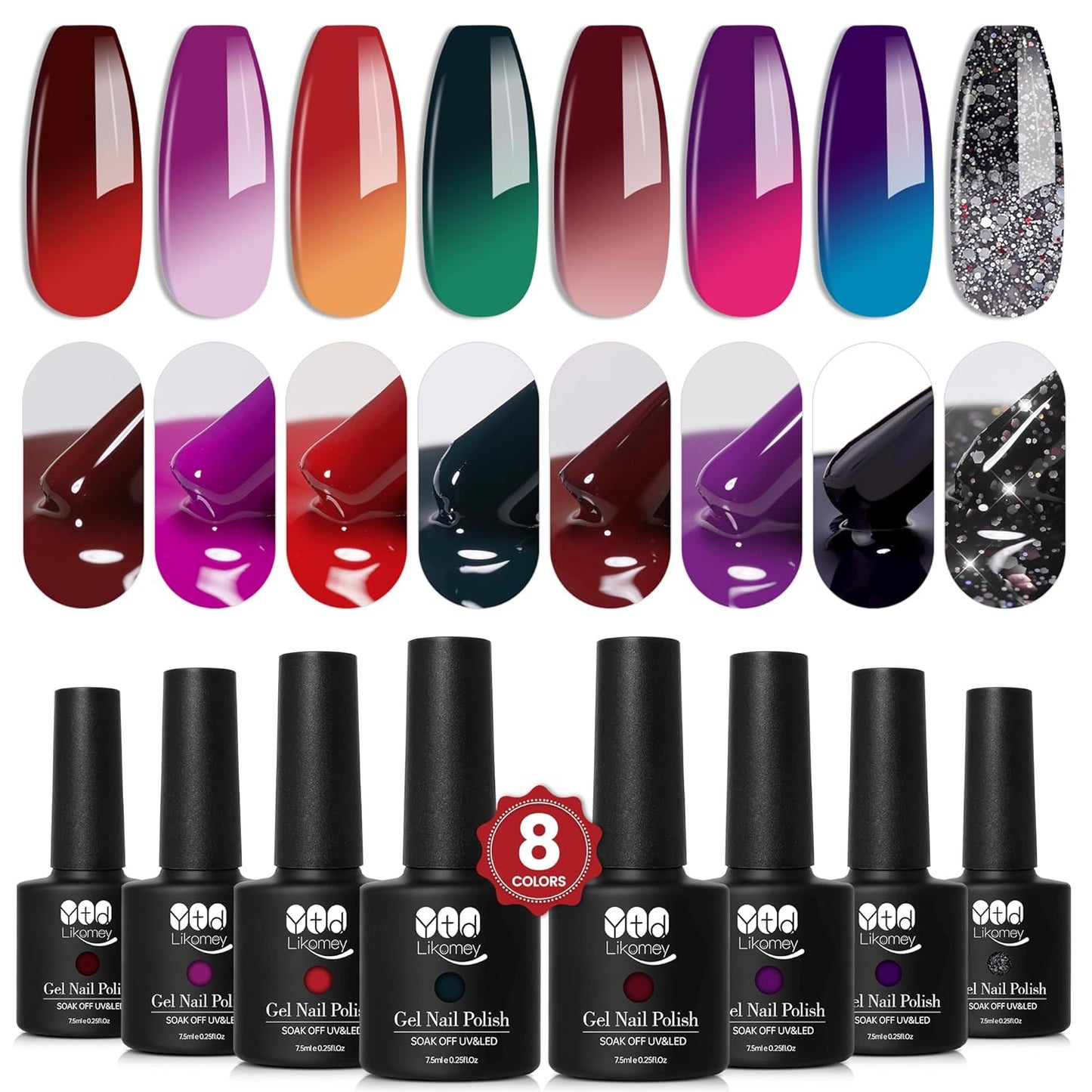 YTD Likomey Color Changing Gel Nail Polish Set,8 Colors Mood Temperature Change Colors Red Pink Green Blue Yellow Black Glitter Fall Winter UV Color Thermal Ombre Varnish Kit,7.5 ml 0.25 Fl Oz
