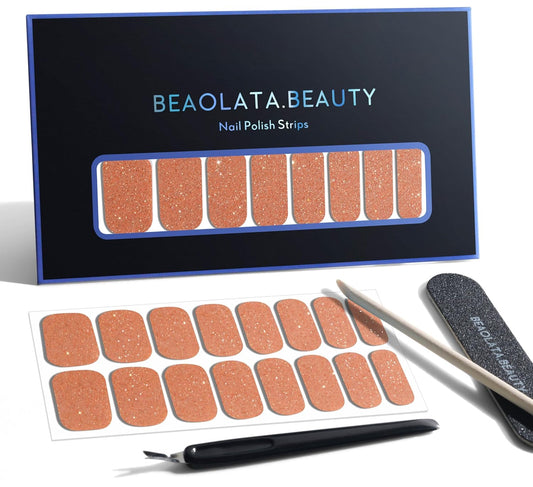 Nail Polish Strips, 32PCS Salon Quality Wraps, Long Lasting Gel Nail Stickers for Women Easy Apply& Remove (Golden Dust Gold)