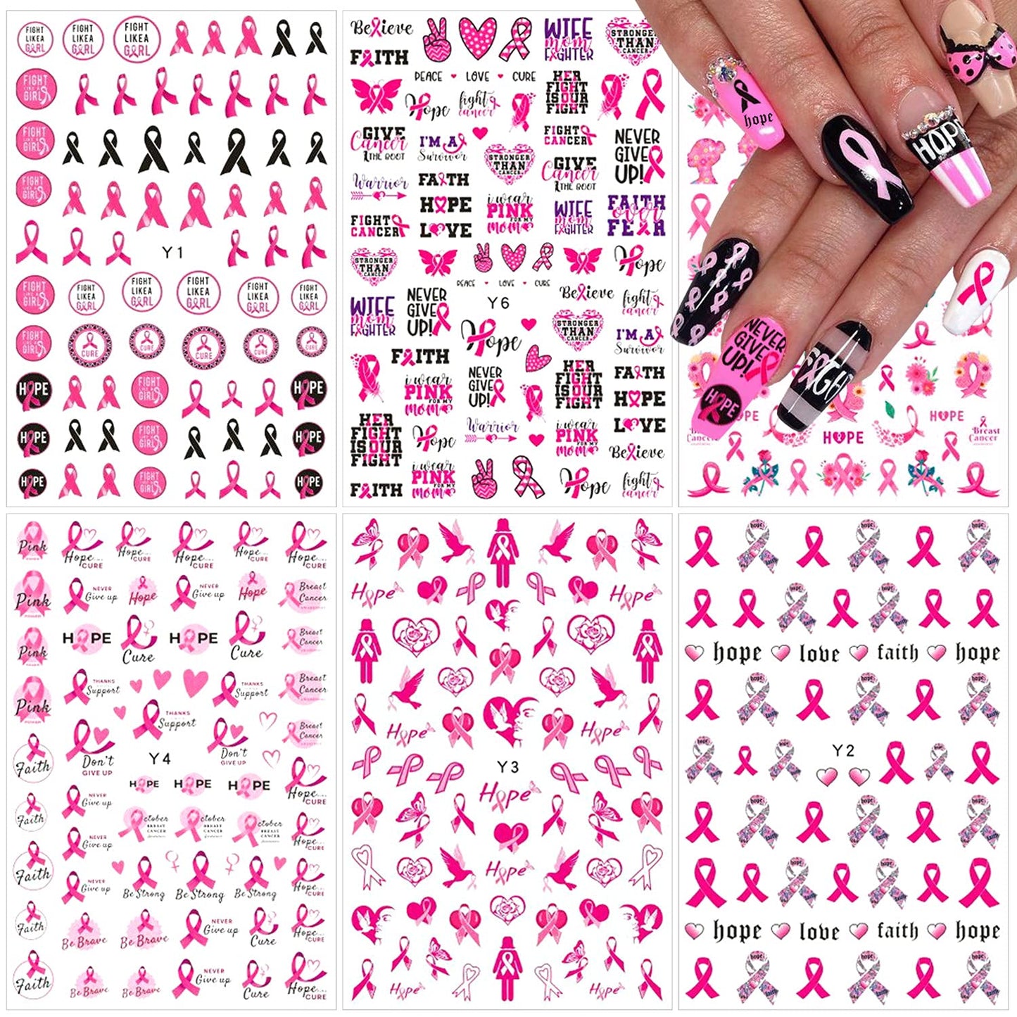 6 Sheets Breast Cancer Nail Art Stickers 3D Self-Adhesive Nail Decals Pink Ribbon Nail Stickers Heart Breast Cancer Awareness Nail Decoration for Women Girls DIY Manicure Tips Nail Charms