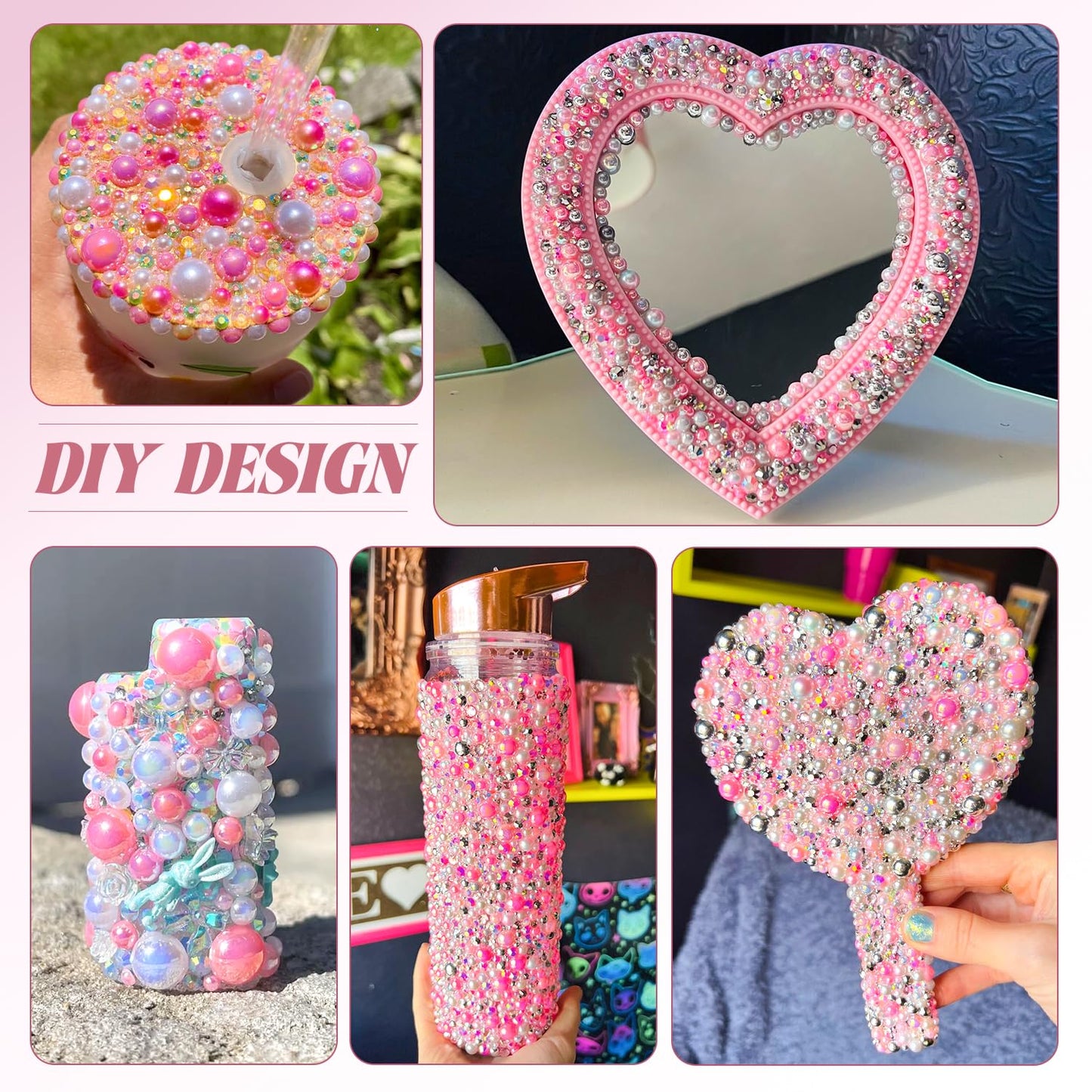 9000Pcs Flatback Pearls and Rhinestones for Crafting, Pink White Mixed Size 3-8mm Resin Rhinestones and Half Pearls for Bedazzling, Nail Art with Tweezers and Pickup Pencil