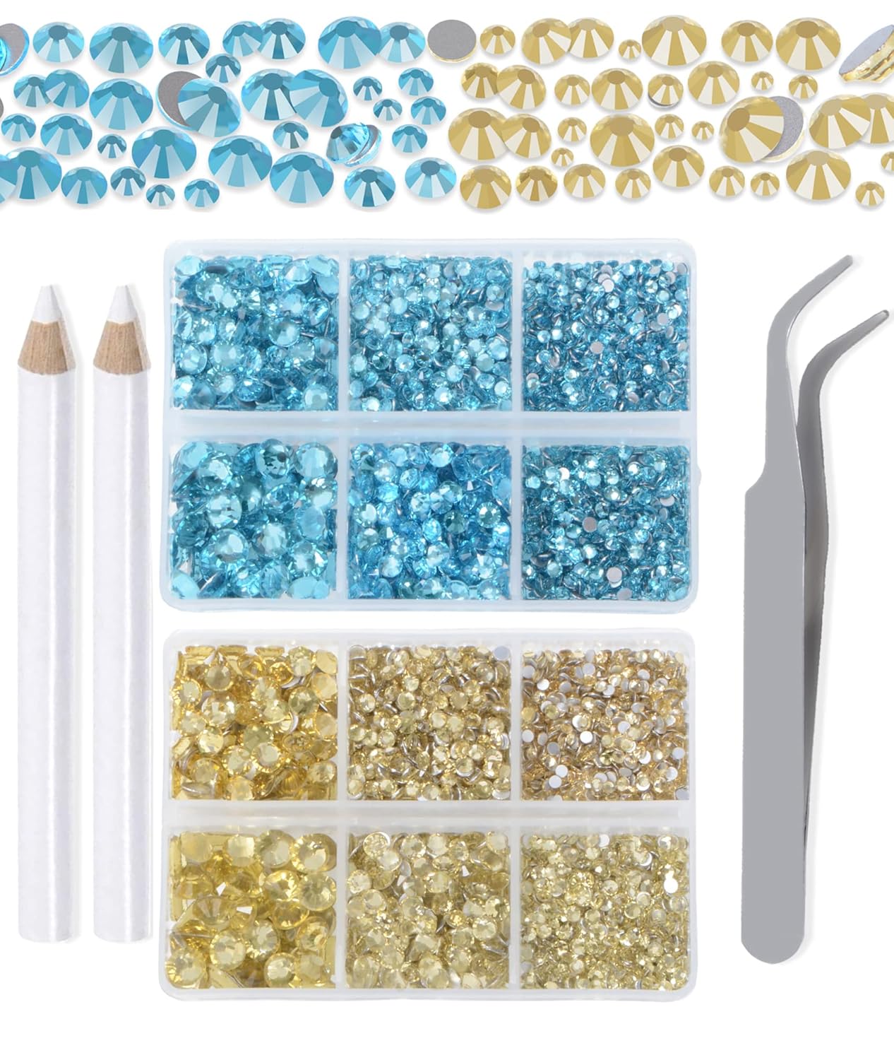 LPBeads 6000 Pieces Aquamarine and Jonquil Non Hotfix Rhinestones 6 Sizes Round Crystal Glass Flat Back Rhinestones with Tweezers and Picking Pen for Nail Art Crafts Clothes Bags DIY