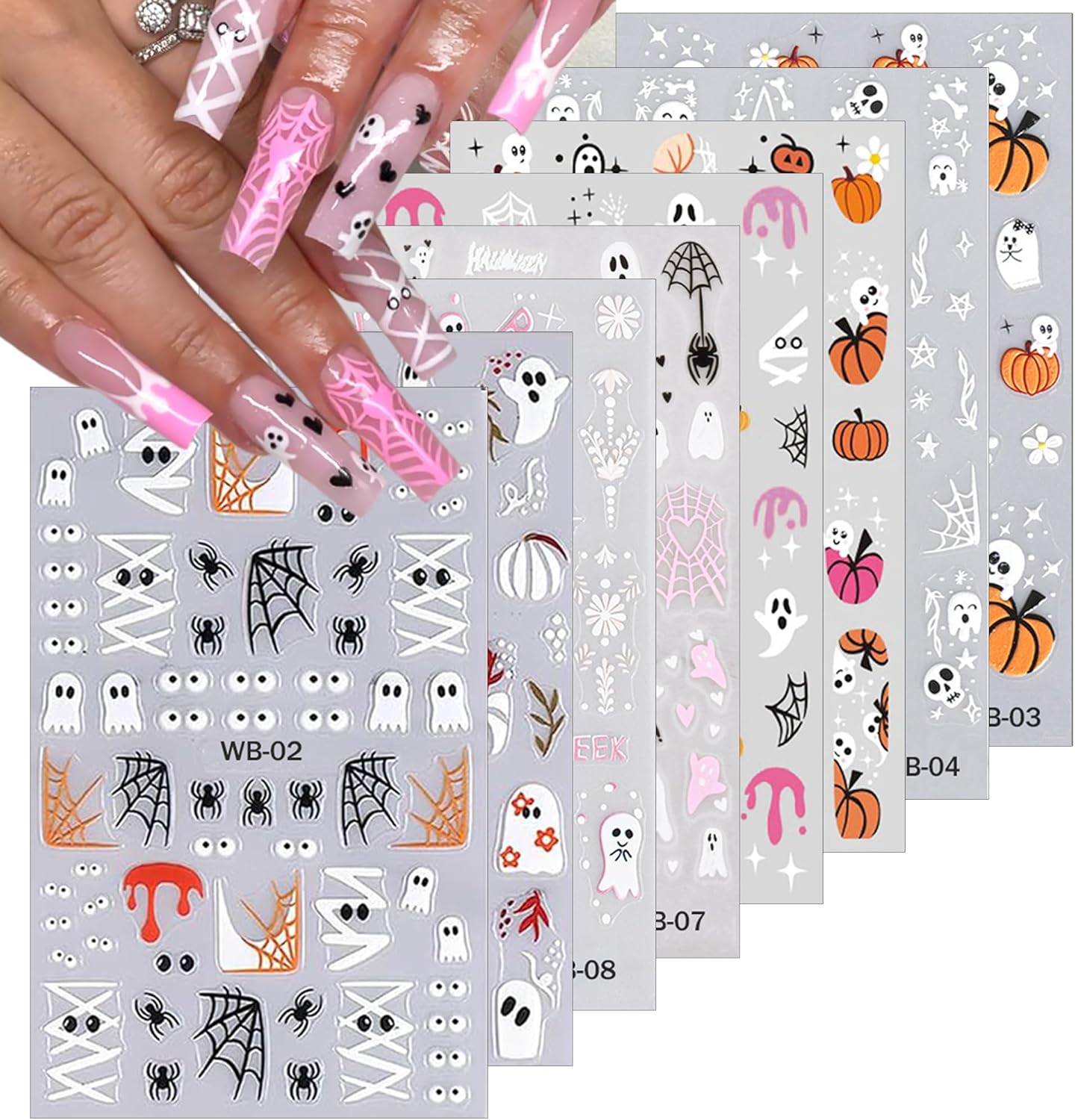 8 Sheets Nail Cute Ghost Nail Stickers for Nail Art 3D Self-Adhesive Pink Spider Web Pumpkin French Nail Art Decals Halloween Nail Art Supplies Goth Eye Starlight Nail Decals for Women DIY Manicure