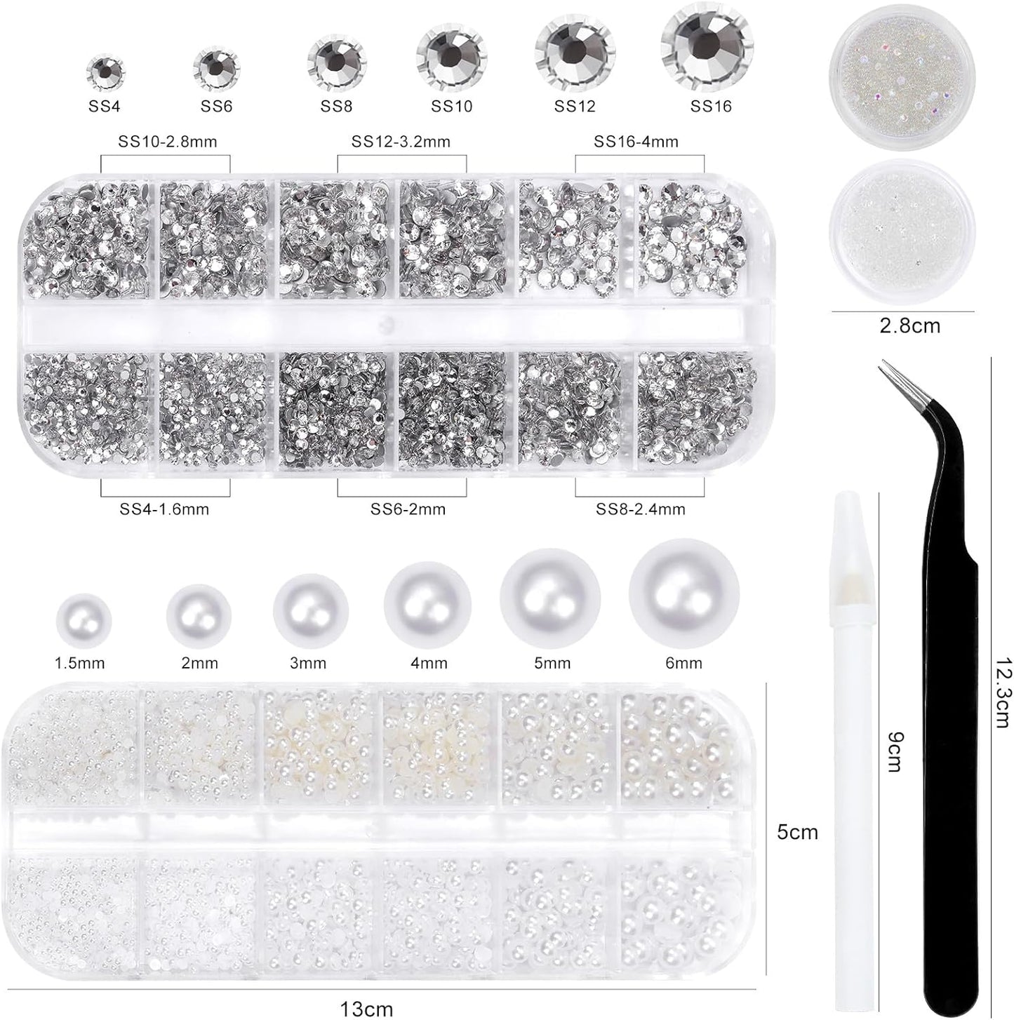 Flatback Rhinestones Half Pearls for Crafting, 1.6-4mm White Glass Rhinestones and 1.5-6mm Small Pearls for Bedazzling, Clothes and Nails Art