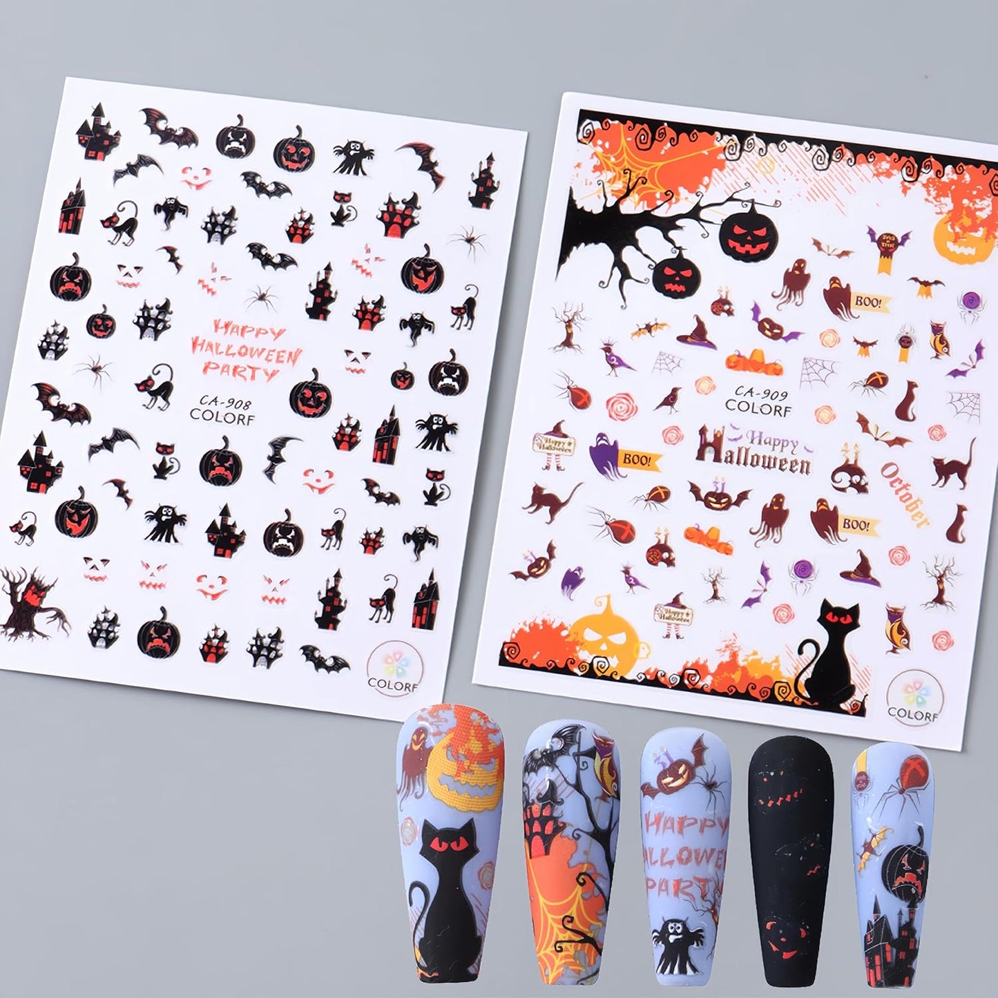 8Sheets Halloween Nail Art Stickers 3D Spider Web Nail Decals Acrylic Pumpkin Head Spider Web Bat Designs Clown Witch Hat Nail Design Halloween Nail Decorations Supplies for Women Manicure Decorations