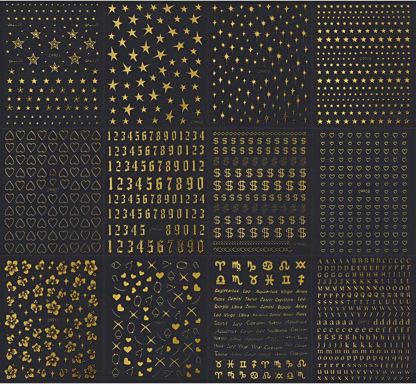 12 Sheets Gold Nail Art Stickers Decals 3D Self Adhesive Letter Heart Nail Decals,Flower Star Nail Stickers,Gold Nail Stickers for Nail Art,Nails Supplies for Women Girls