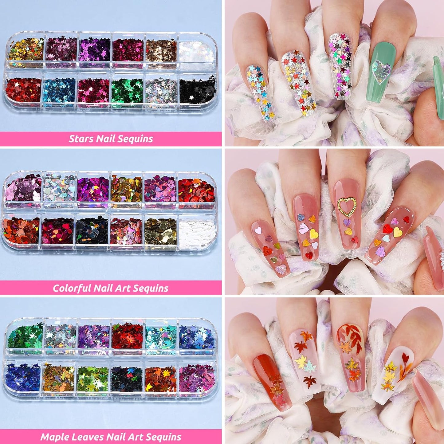 Nail Art Kit for Beginners with Nail Brushes Set and Dotting Tools, Jumbo Holographic Glitter Sequins Assorted Heart Star Maple Leaf Glitter Flakes Colorful Striping Tape with Tweezers (02-Pink)
