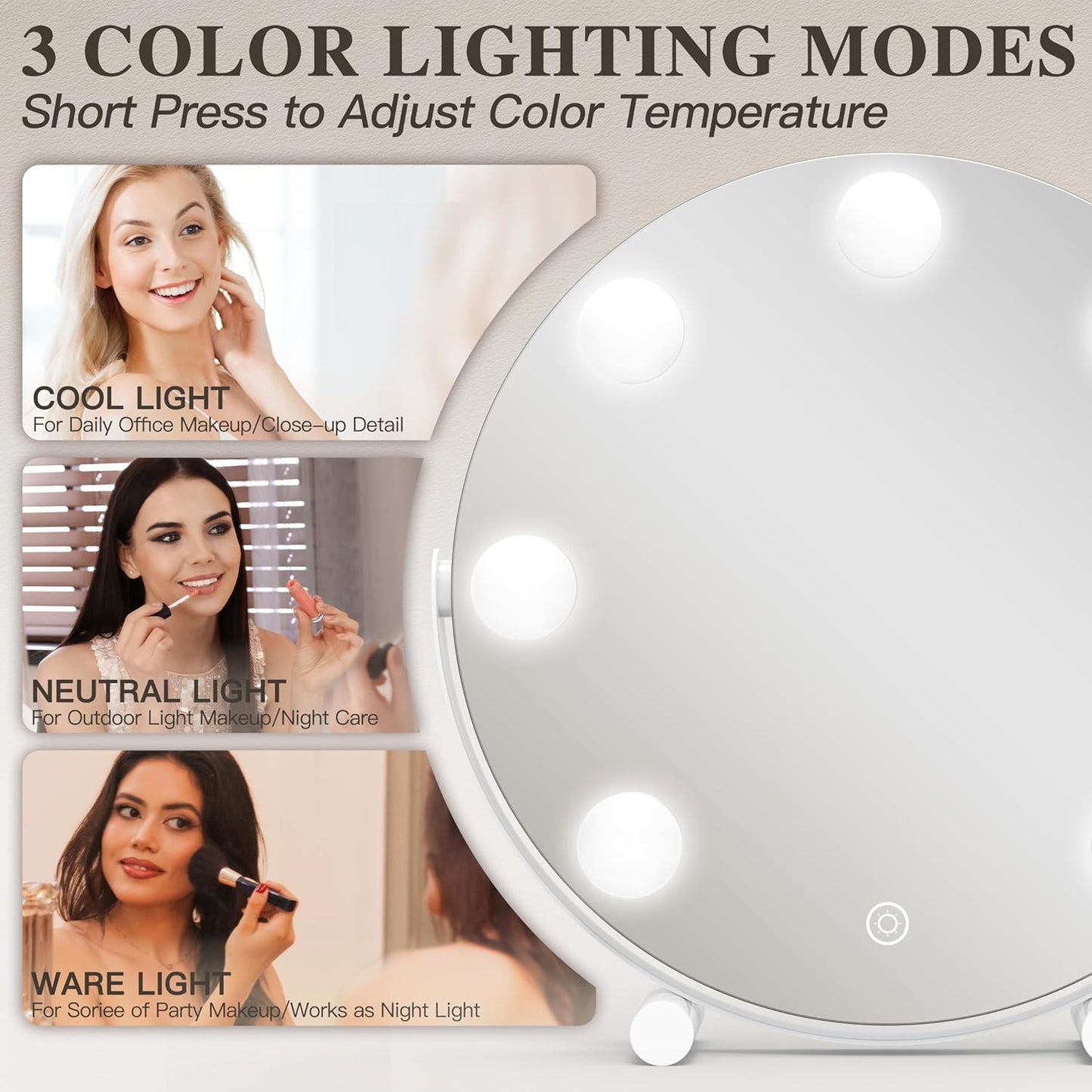 Vanity Mirror with Lights, 12 Inch Hollywood Mirror with Lights for Makeup Desk, LED Makeup Mirror with 7 Dimmable Bulbs for Bedroom Tabletop, Smart Touch Dimmable 3 Modes, 360° Rotation