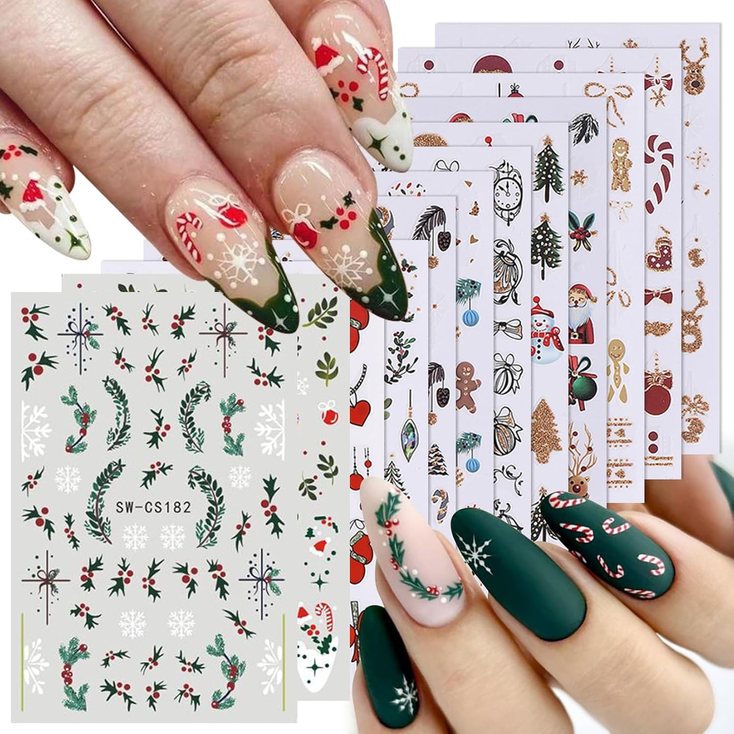Glitter Christmas Nail Art Stickers 12 Sheets Sparkles Winter Nail Decals 3D Self Adhesive Nail Supplies DIY Santa Claus Gingerbread Man Snowflake Xmas Manicure Decoration DIY Supplies for Women Girl