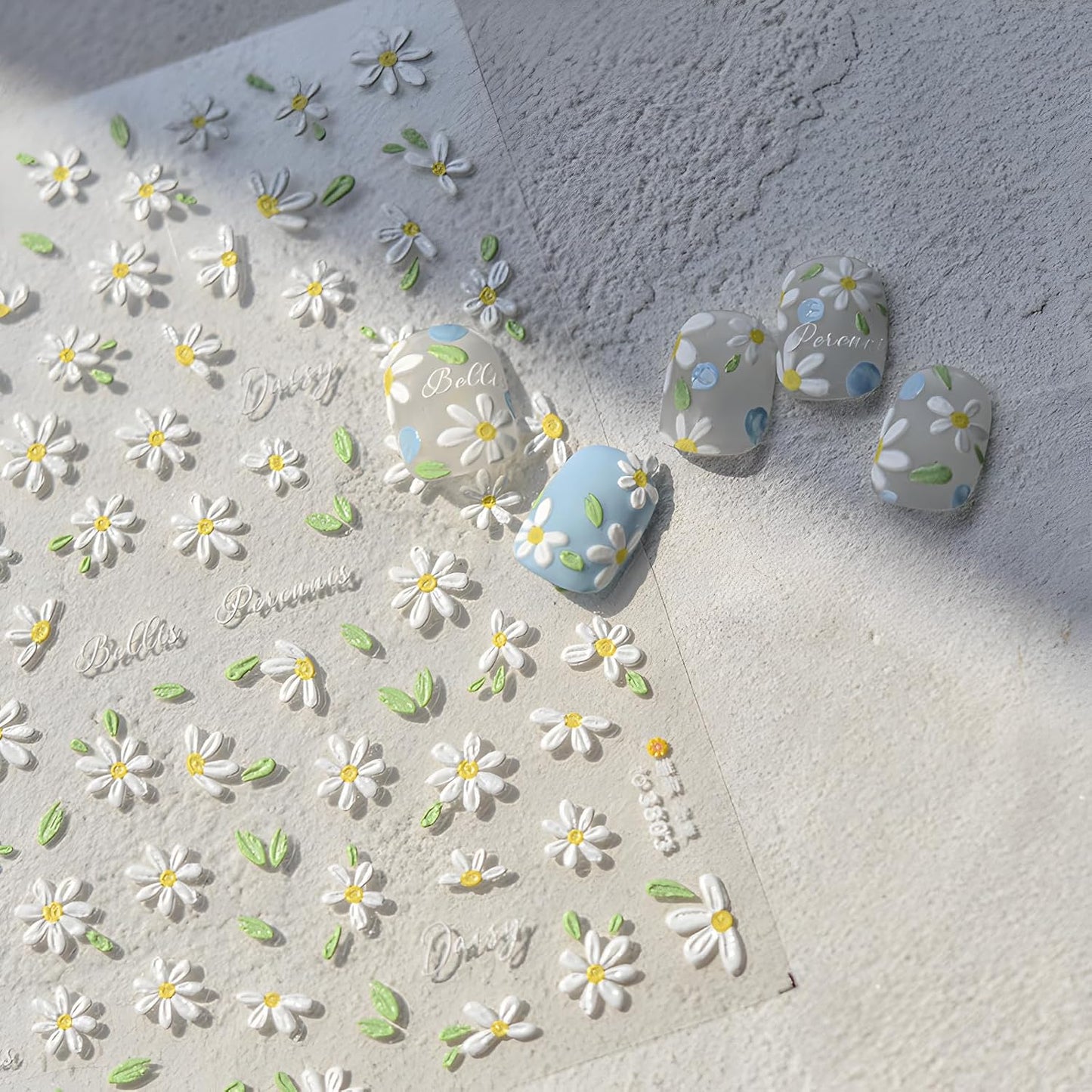 Flower Nail Art Stickers 5D Embossed Self Adhesive Spring Summer Nail Stickers for Nail Art Cute White Daisy Nail Decals Flower Nail Design Decoration Accessories for Women and Girls