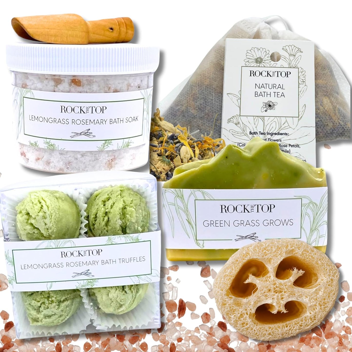 | 6 Lemongrass Rosemary Self Care Gifts for Women, Aromatherapy Epsom Salt Bath Soak, Lavender Soap, Bath Bombs, Bath Salts with Plant Based Loofa Dry Brushing Body Brush Gift